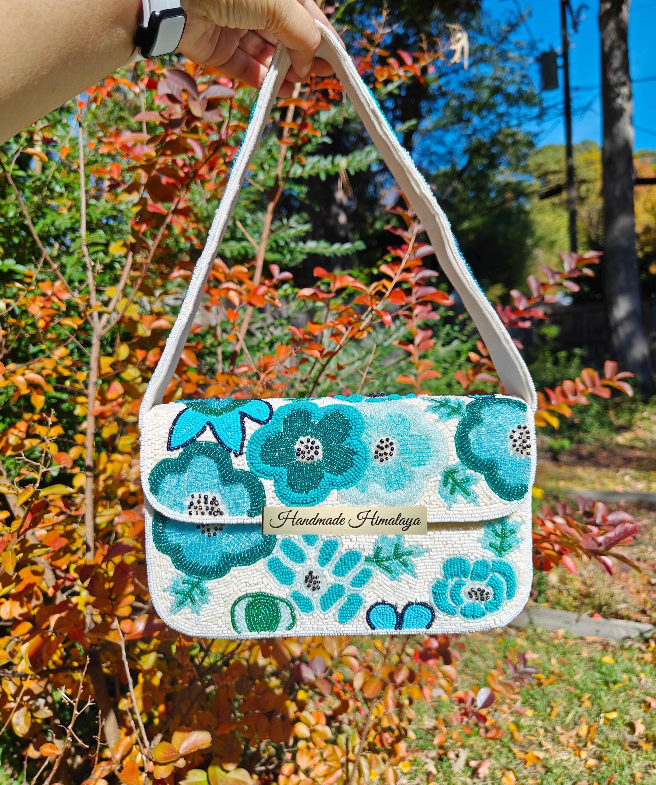 Teal Turquoise Floral Bridal Beaded Bag, Bridal Evening Shoulder Purse view 2