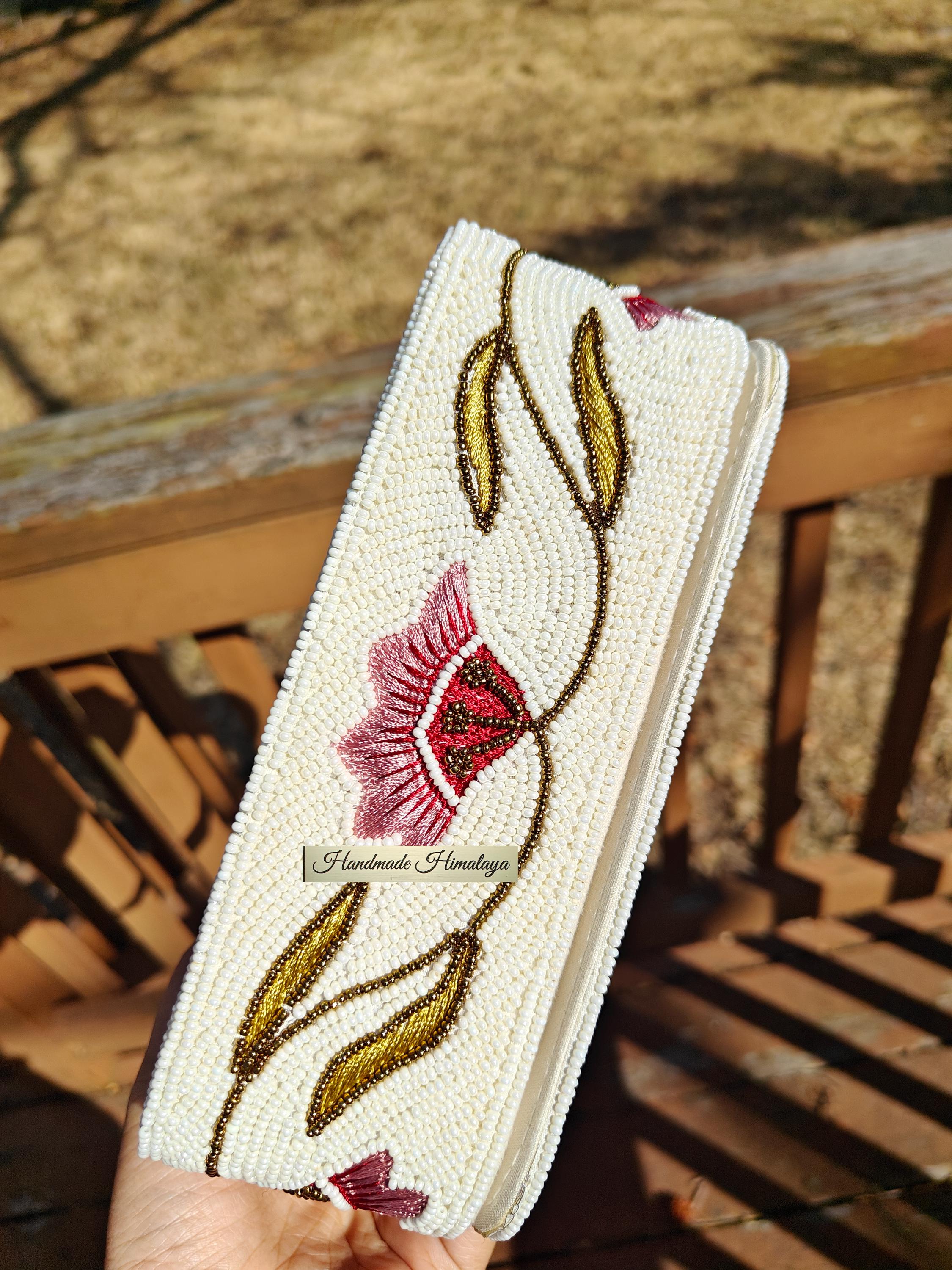 Ivory Bridal Purse | Pink Floral Beaded Wedding Clutch view 7