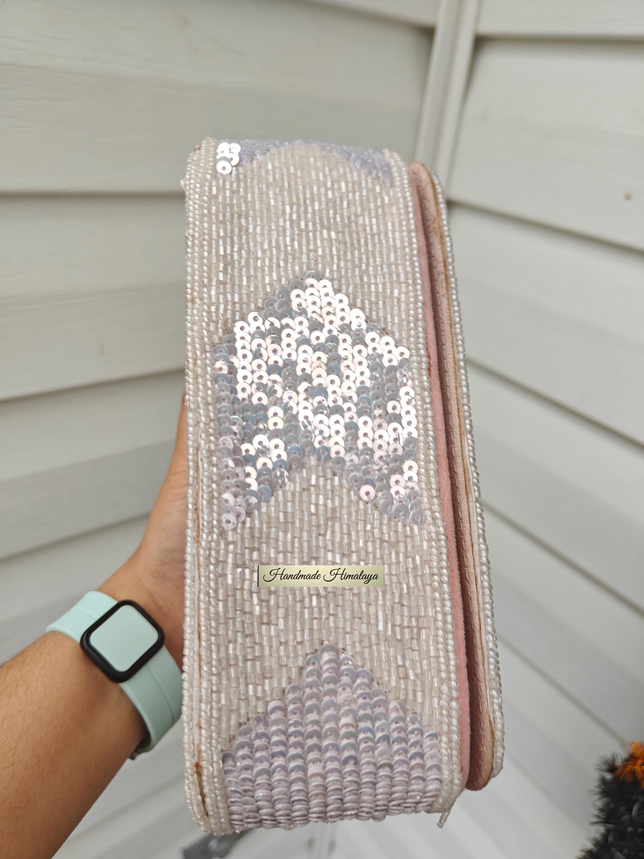 Blush Pink Beaded Clutch | Cream Iridescent Sequin Bridal Purse | Fringe Tassel Gala Evening Bag view 6