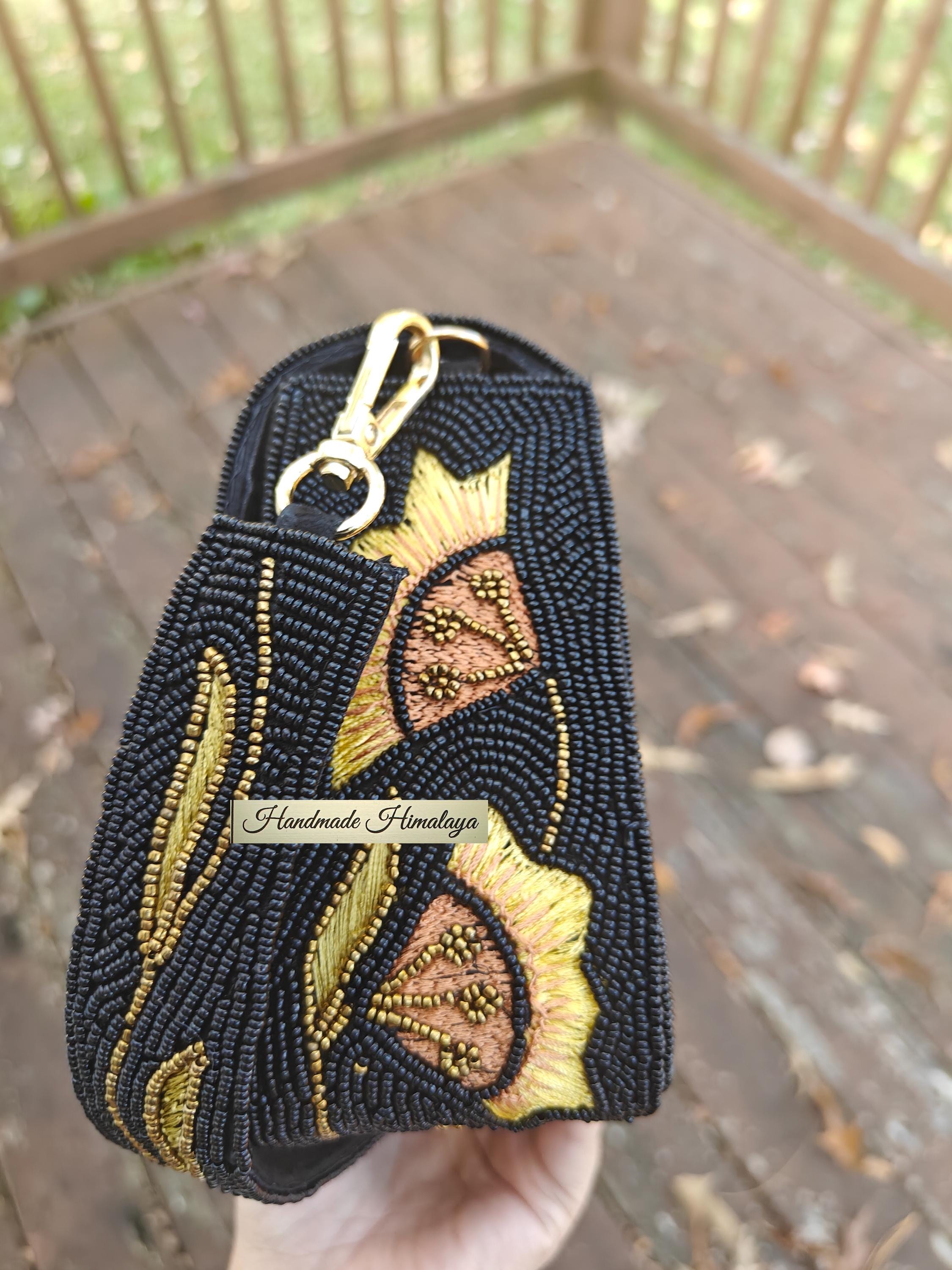 Black Gold Beaded Clutch Bag | Floral Embroidered Evening Purse | Boho Bridal Wedding Party Handbag view 2