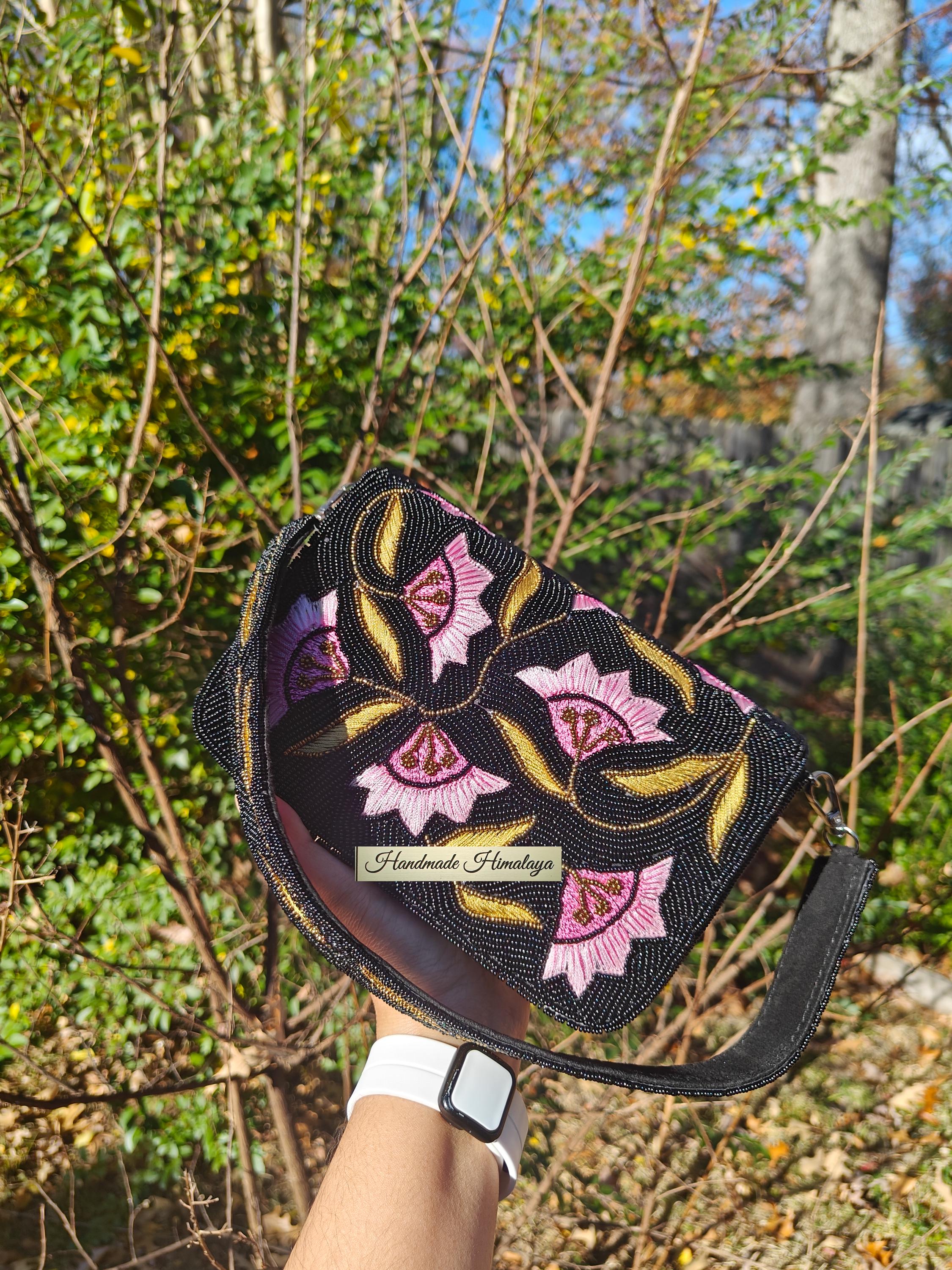 Black Floral Beaded Clutch | Pastel Pink Evening Bag | Bridal Cherry Blossom Purse view 2