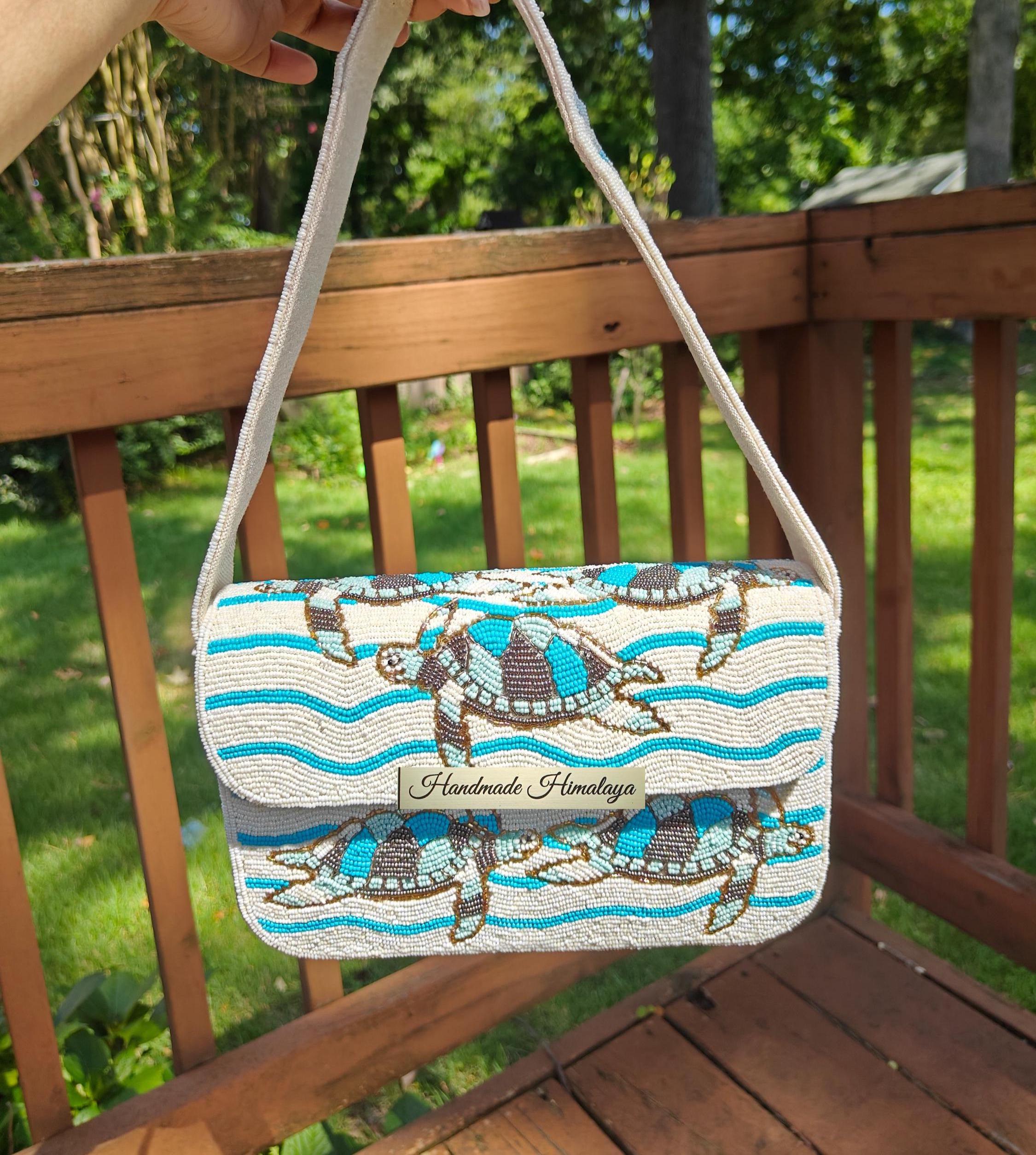 Sea Turtle Beaded Bag: Ocean Theme Beach Purse, Summer Vacation Handbag