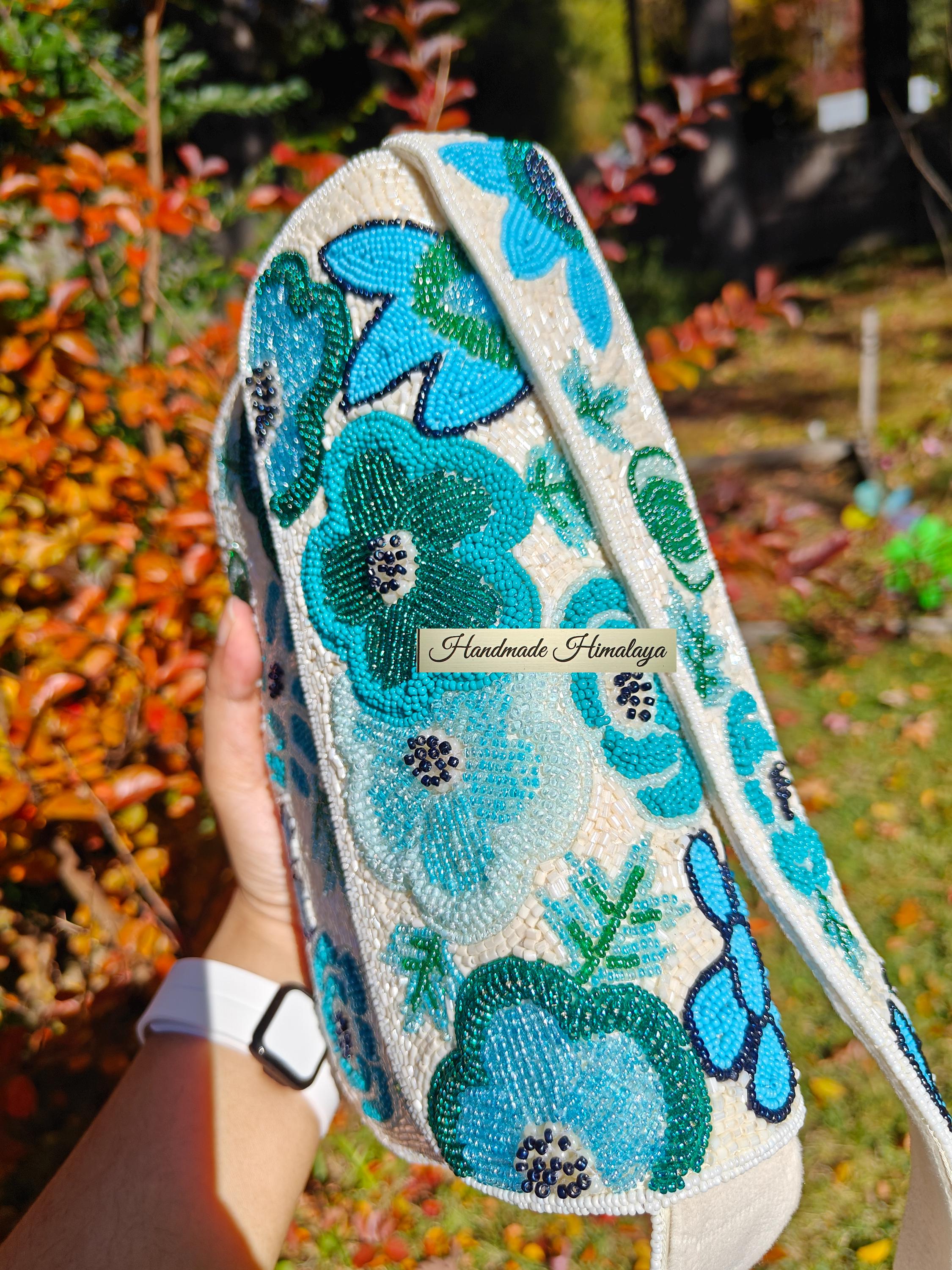 Teal Turquoise Floral Bridal Beaded Bag, Bridal Evening Shoulder Purse view 4
