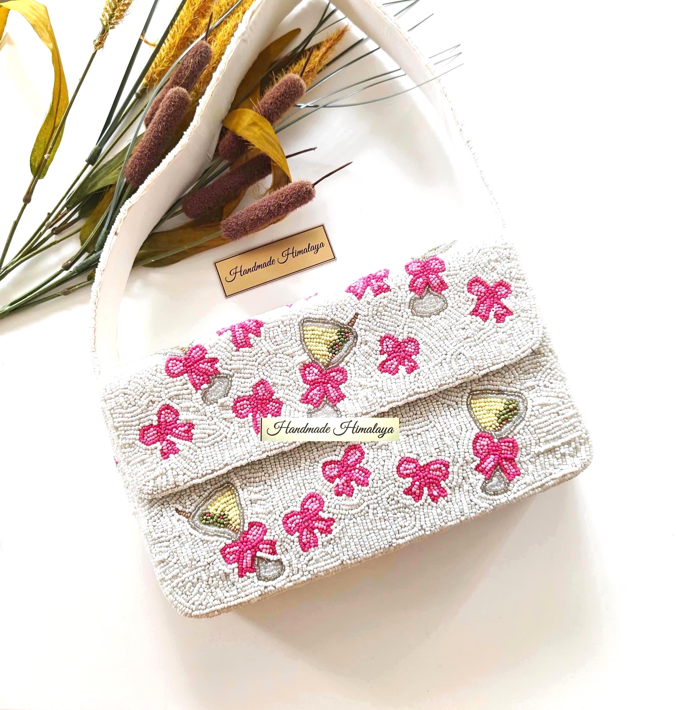 Martini and Pink Bow Beaded Bag, Bachelorette Party Handbag, White Cocktail Beaded Purse, Evening Shoulder Bag