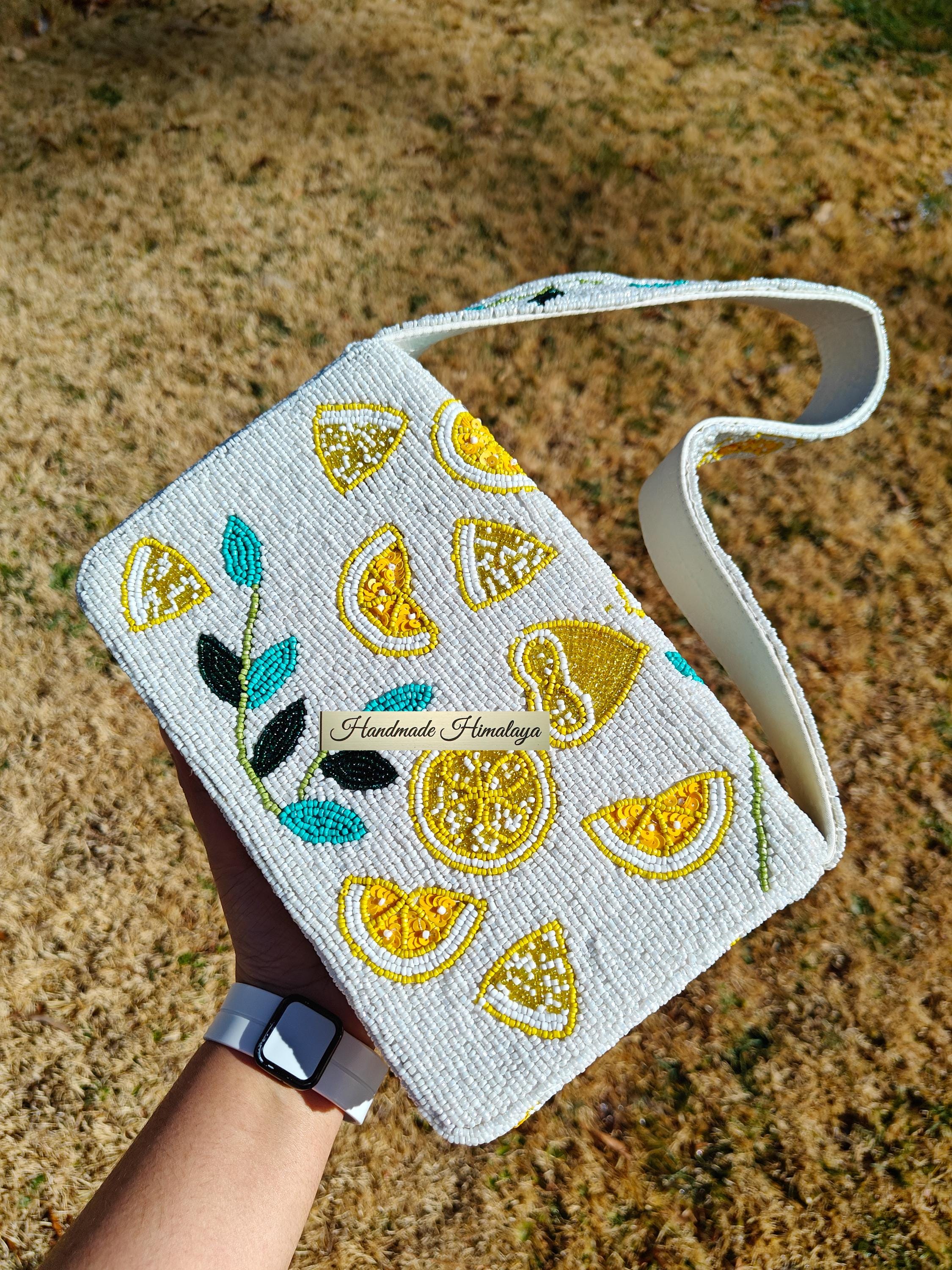 Beaded Lemon Shoulder Bag | White Citrus Fruit Purse | Tropical Resort Wedding Clutch view 2