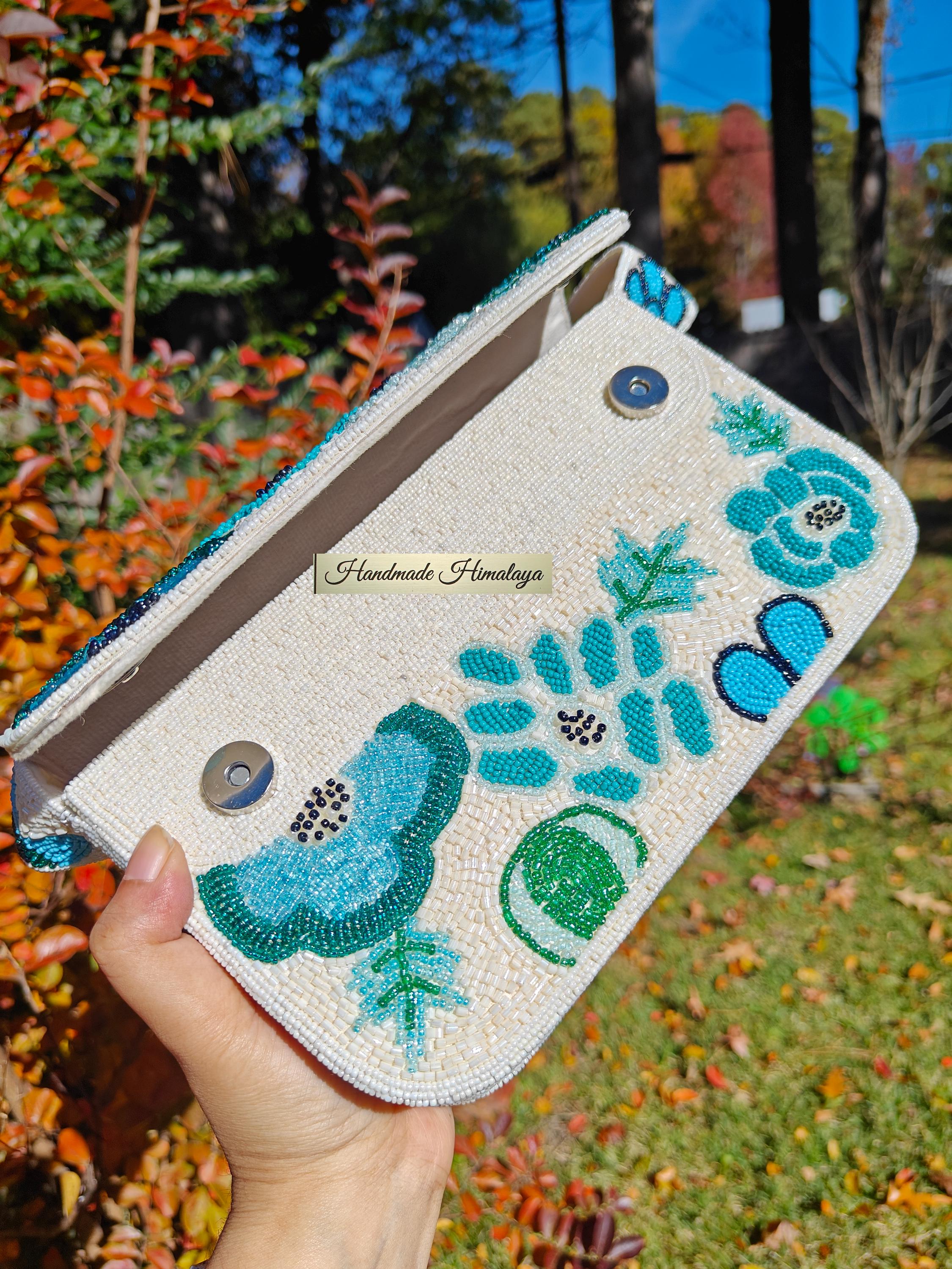 Teal Turquoise Floral Bridal Beaded Bag, Bridal Evening Shoulder Purse view 6