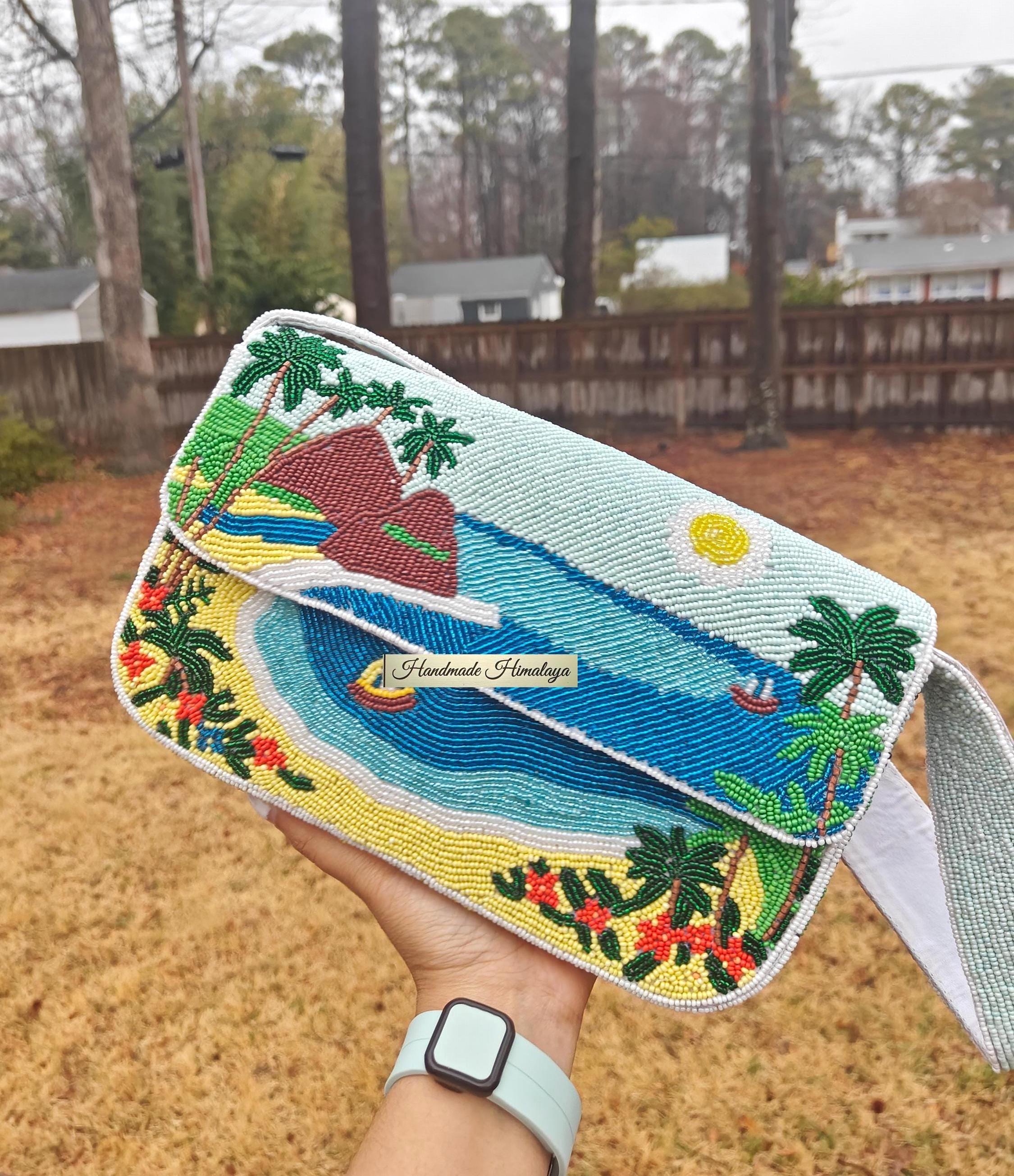 Hawaii Beaded Bag | Sunset Tropical Beach Purse | Blue Ocean Island Vacation Palm Trees Handbag view 3