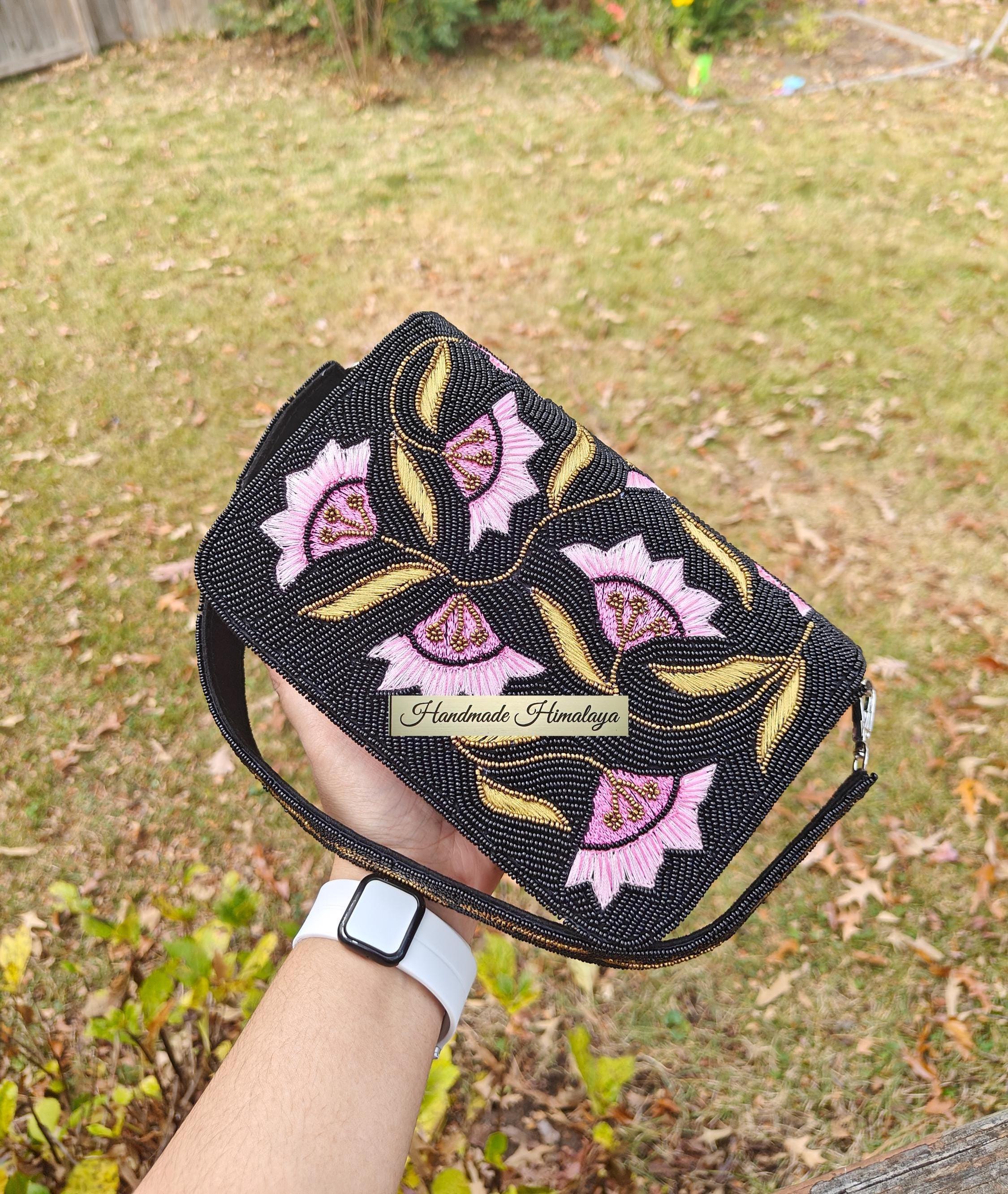 Black Floral Beaded Clutch | Pastel Pink Evening Bag | Bridal Cherry Blossom Purse