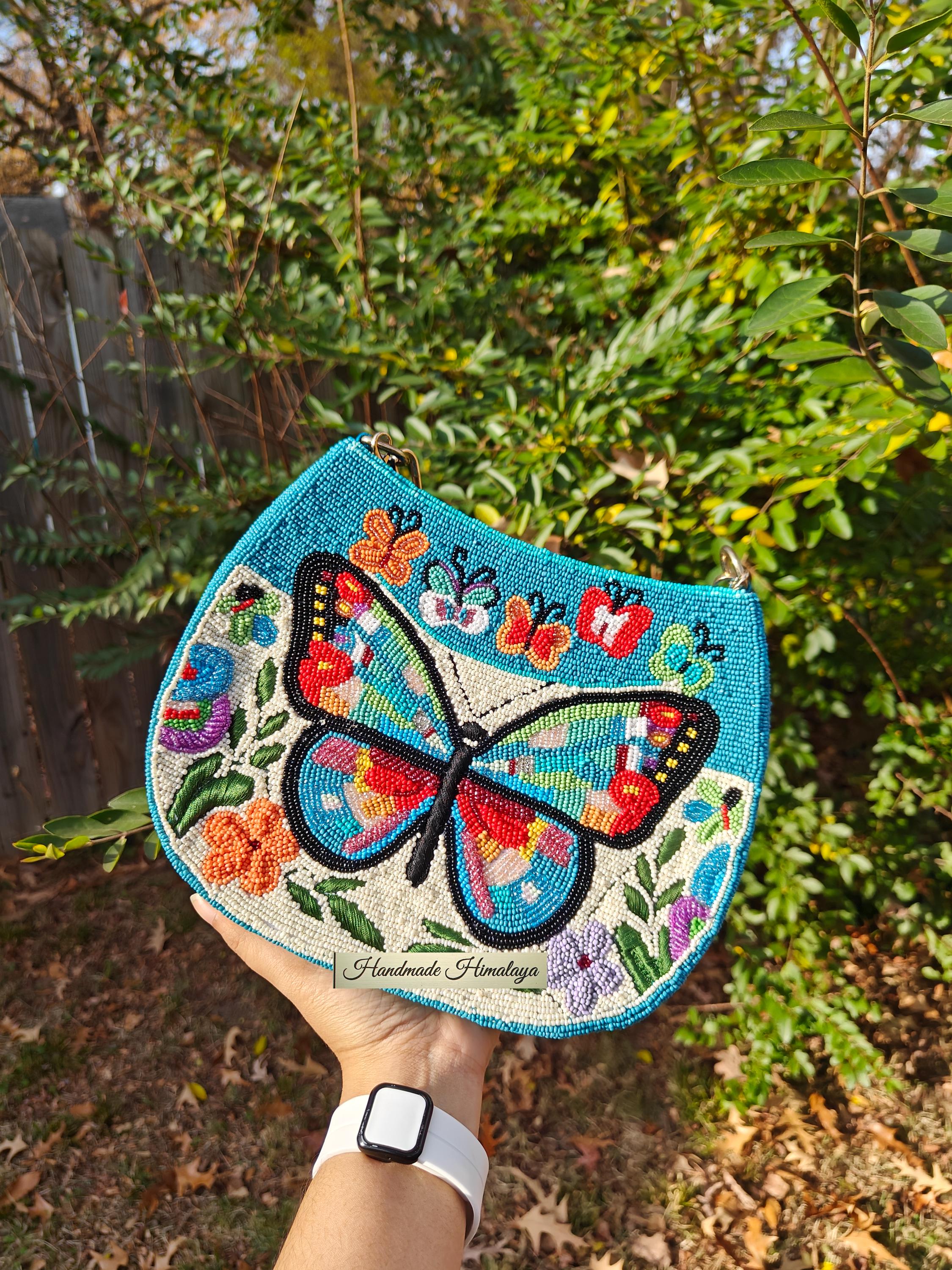 Butterfly Beaded Bag: Blue Turquoise Floral Summer Whimsical Shoulder Handbag view 6