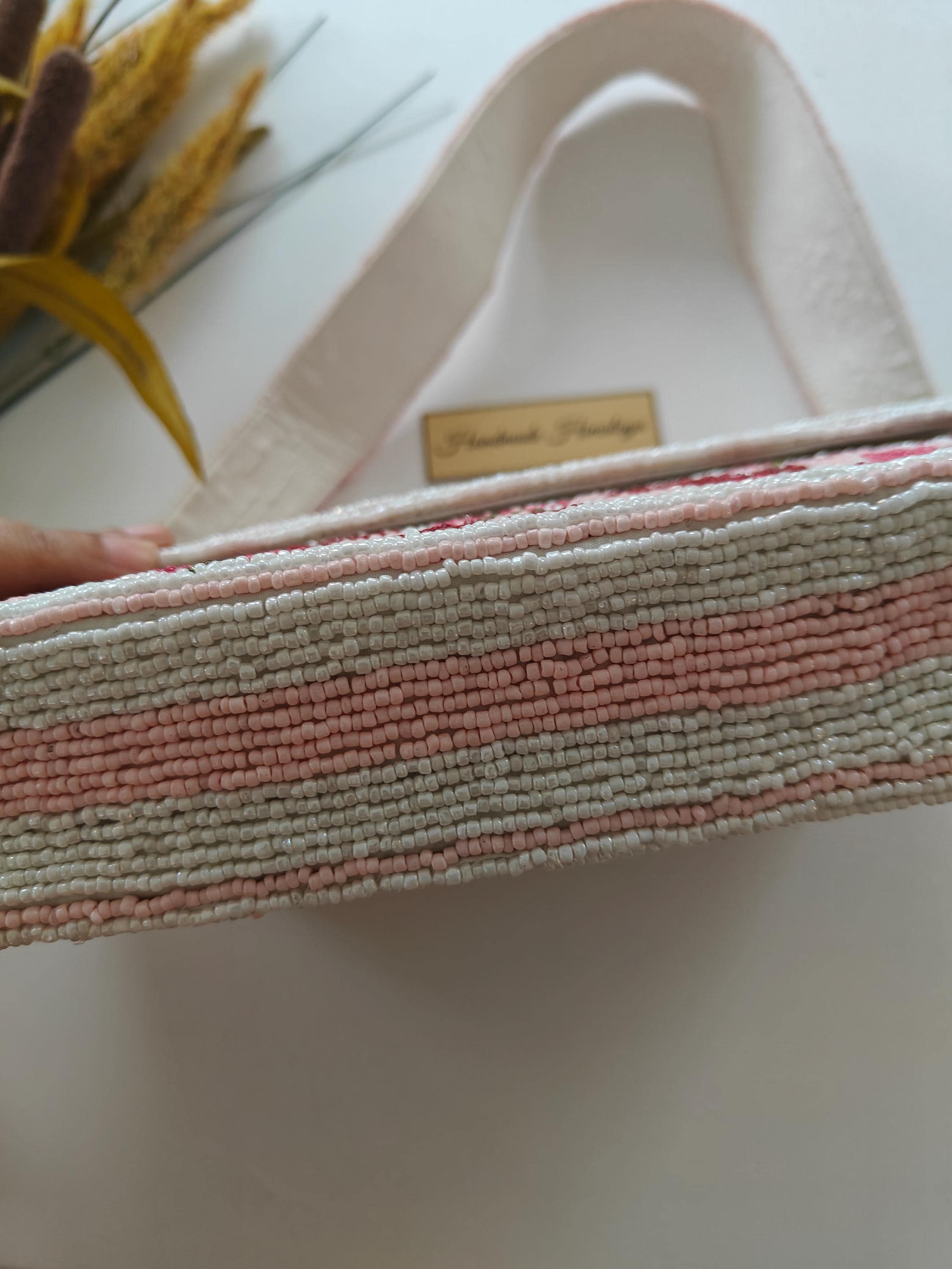 Red Cherry Beaded Bag | Blush Pink Gingham Checkered Purse | Summer Wedding Vacation Fruit Clutch view 7