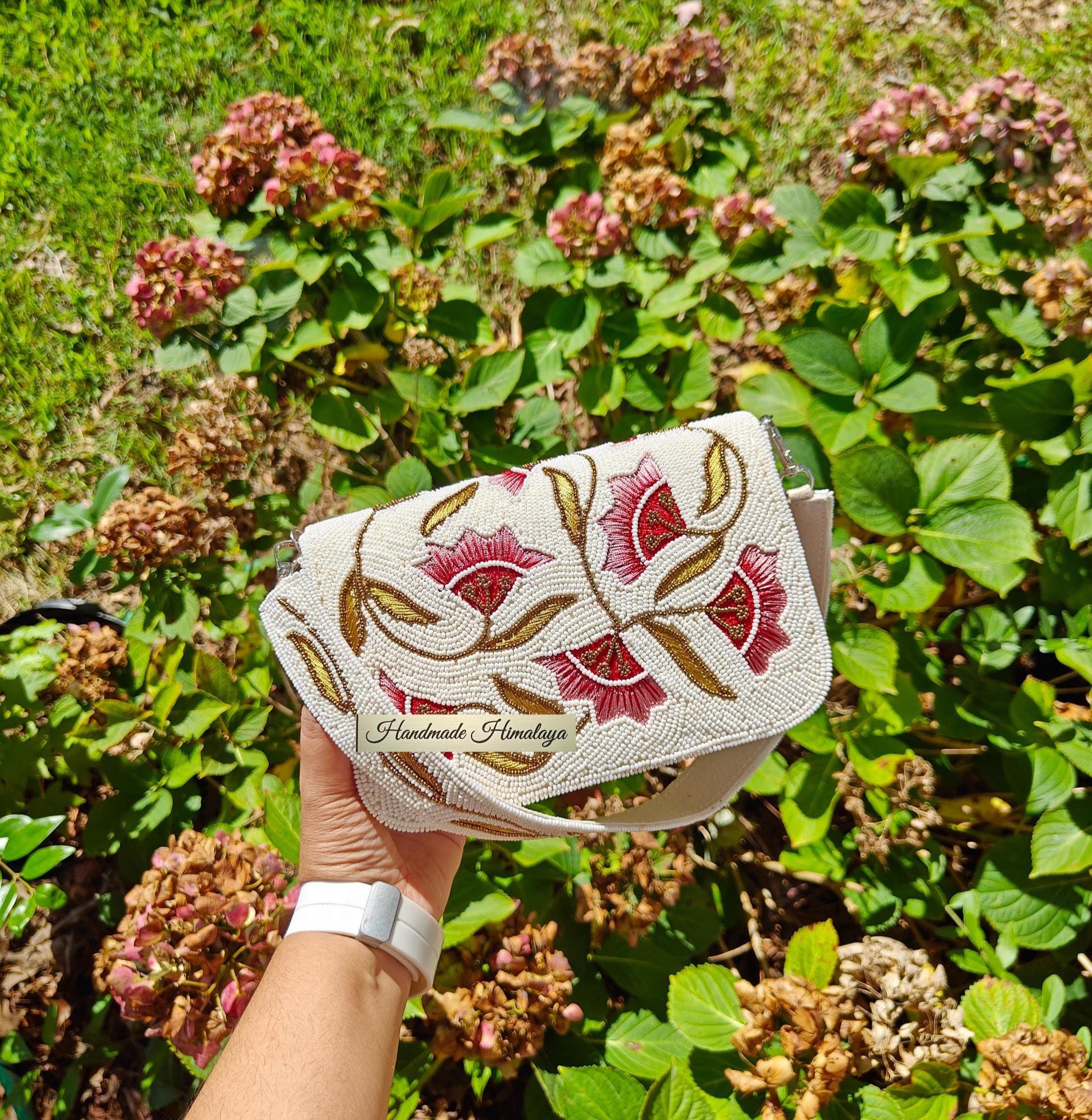 Ivory Bridal Purse | Pink Floral Beaded Wedding Clutch