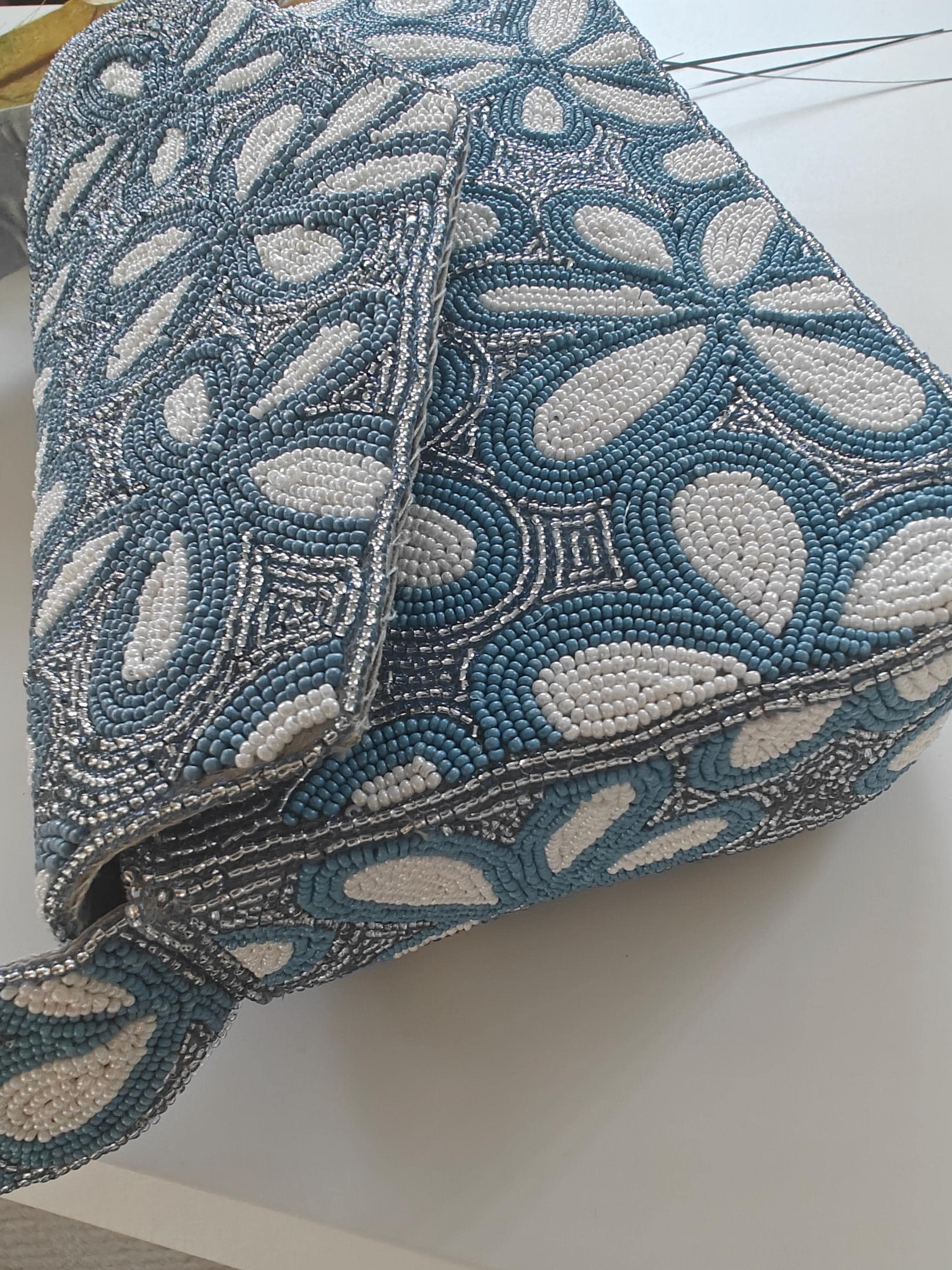 Dusty Blue Floral Beaded Shoulder Bag | Something Blue Bridal Clutch | Boho Garden Party Handbag view 6