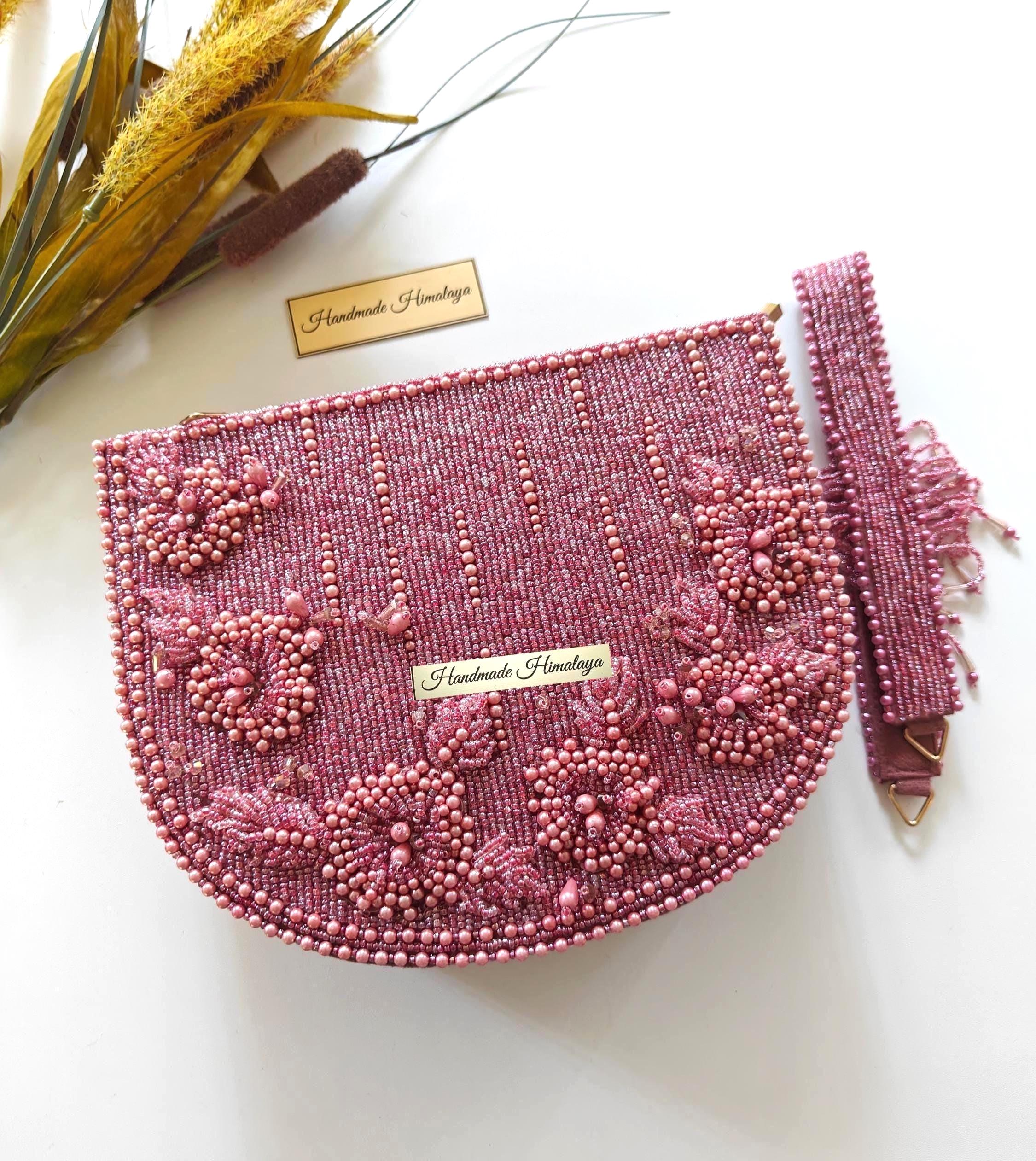 Pink Bridal Clutch | Pearl Floral Wedding Purse | 3D Beaded Evening Bag