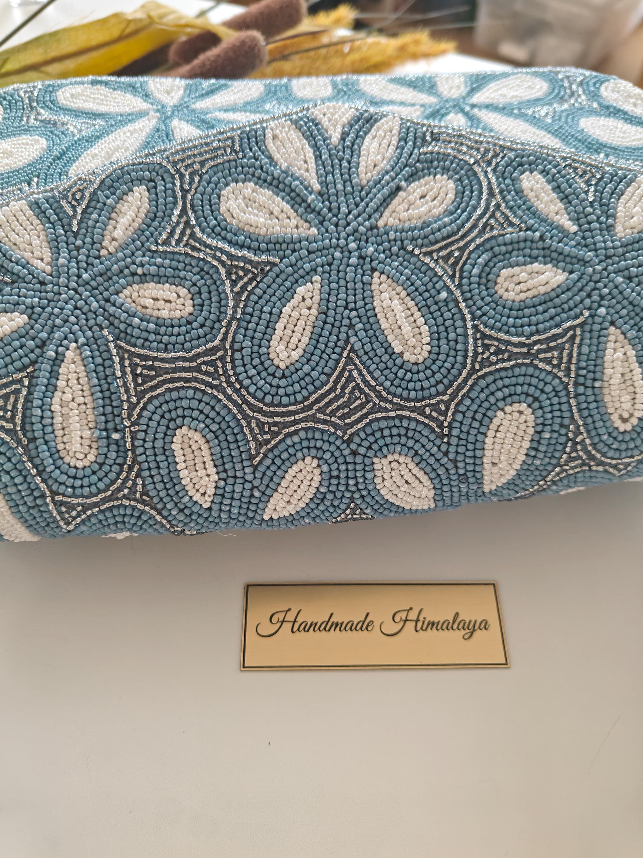 Dusty Blue Floral Beaded Shoulder Bag | Something Blue Bridal Clutch | Boho Garden Party Handbag view 7