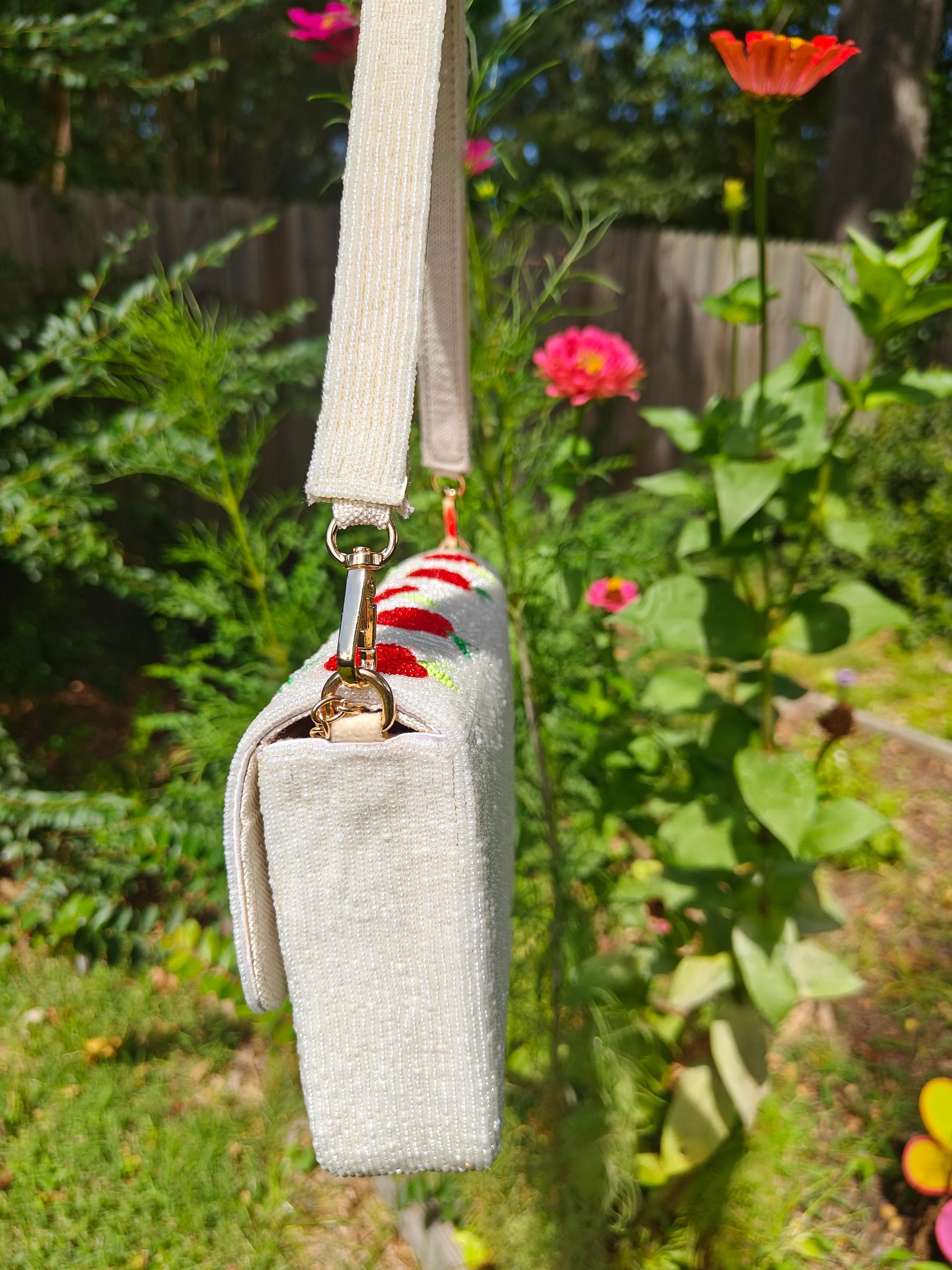 Red Apples Beaded Bag | Fruit Embroidery Shoulder Bag | Tropical Vacation Wedding Party Baguette Handbag view 4