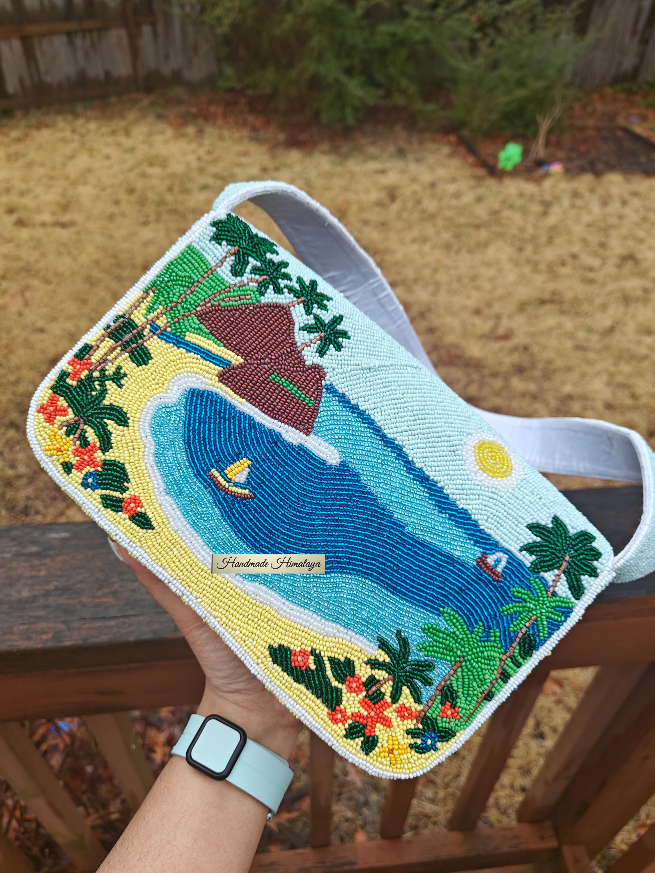 Hawaii Beaded Bag | Sunset Tropical Beach Purse | Blue Ocean Island Vacation Palm Trees Handbag view 5