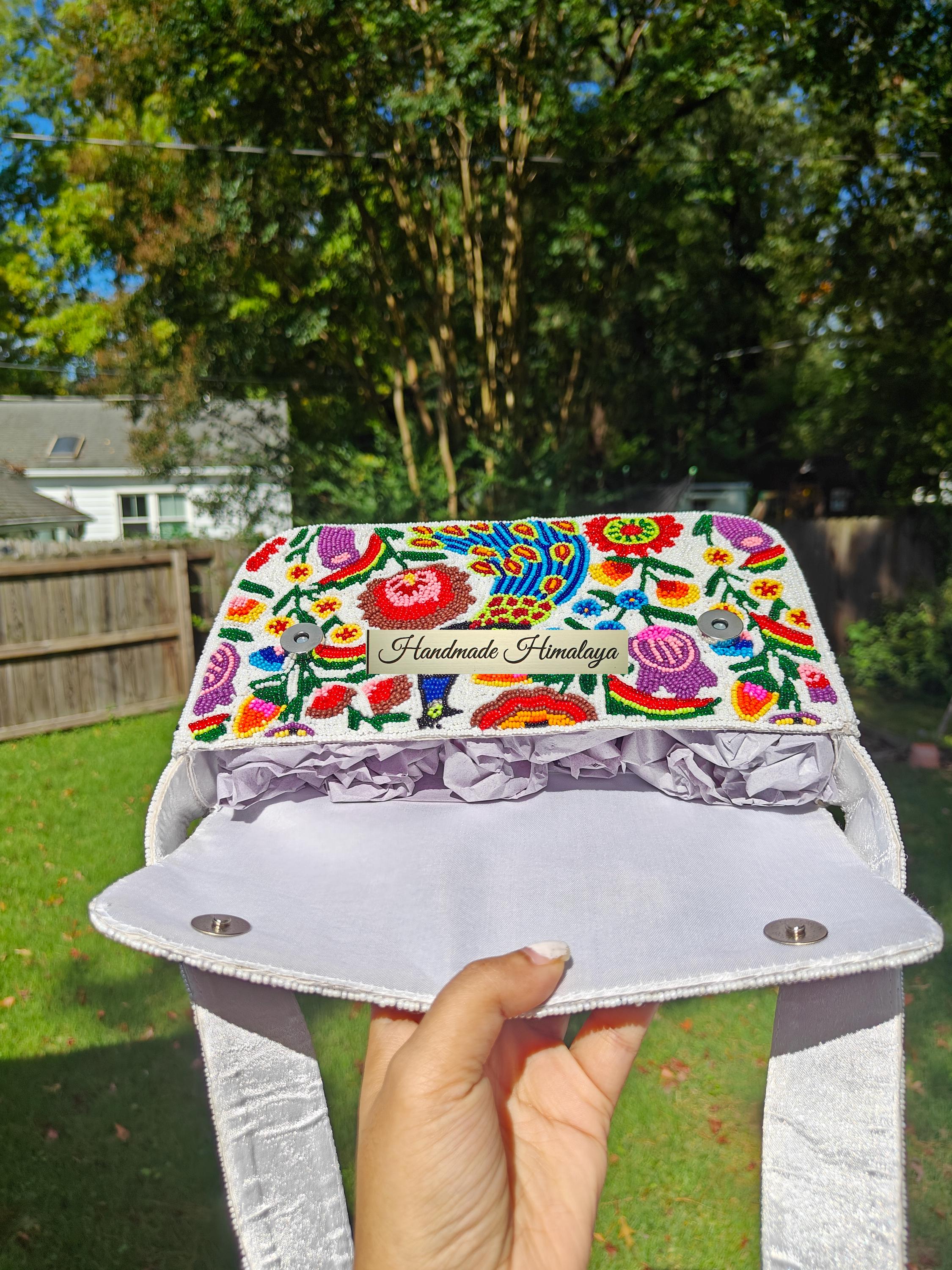 Peacock Beaded Handbag | Floral Seed Bead Purse & Folk Art Beaded Purse Clutch view 3