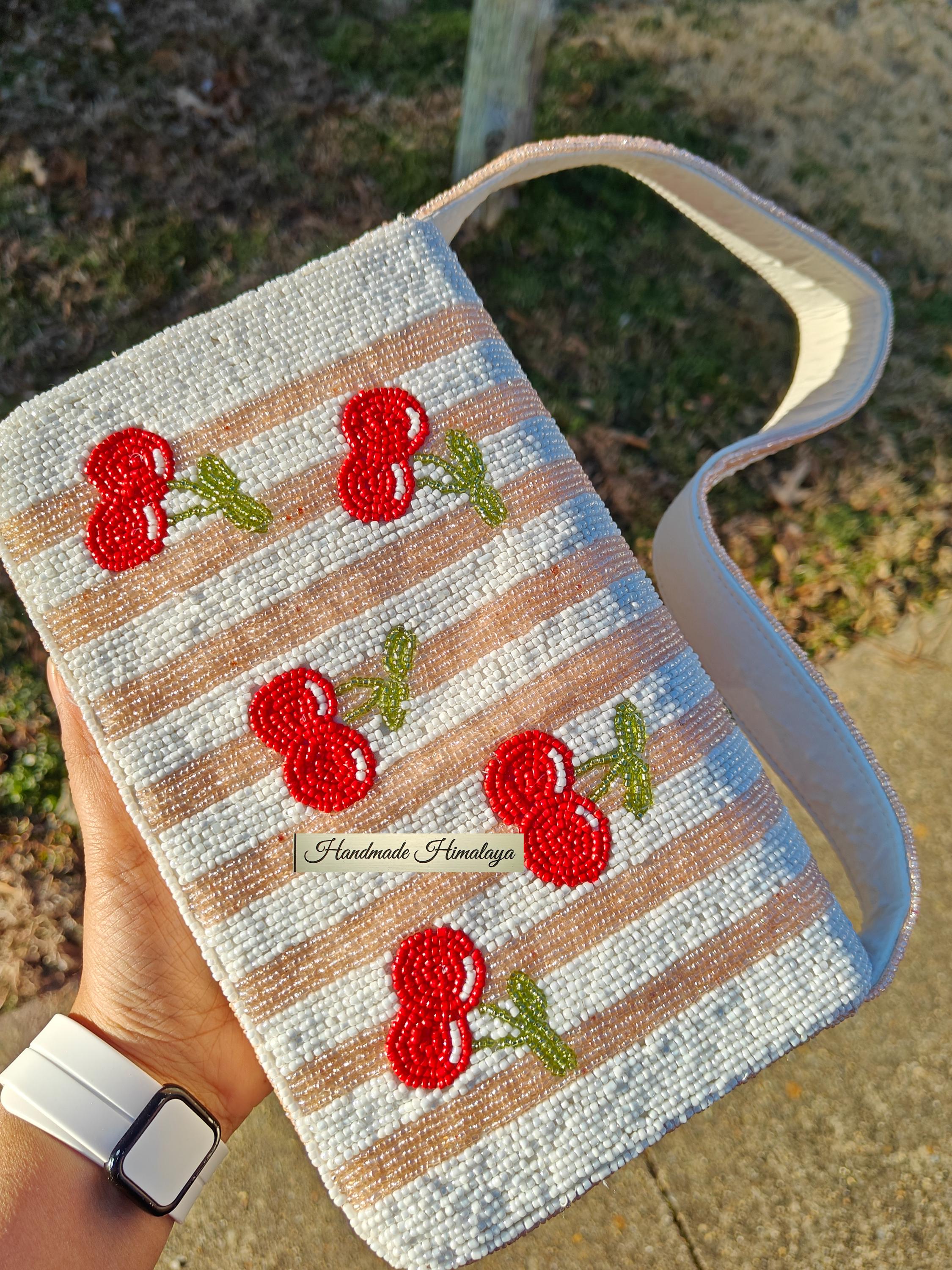 Red Cherries Beaded Bag With Rose Gold Stripes for Summer Events Brunch Accessory view 3
