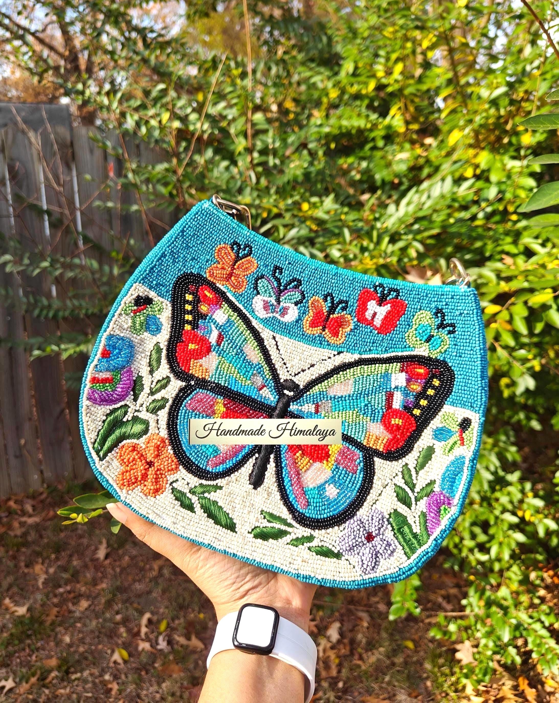 Butterfly Beaded Bag: Blue Turquoise Floral Summer Whimsical Shoulder Handbag