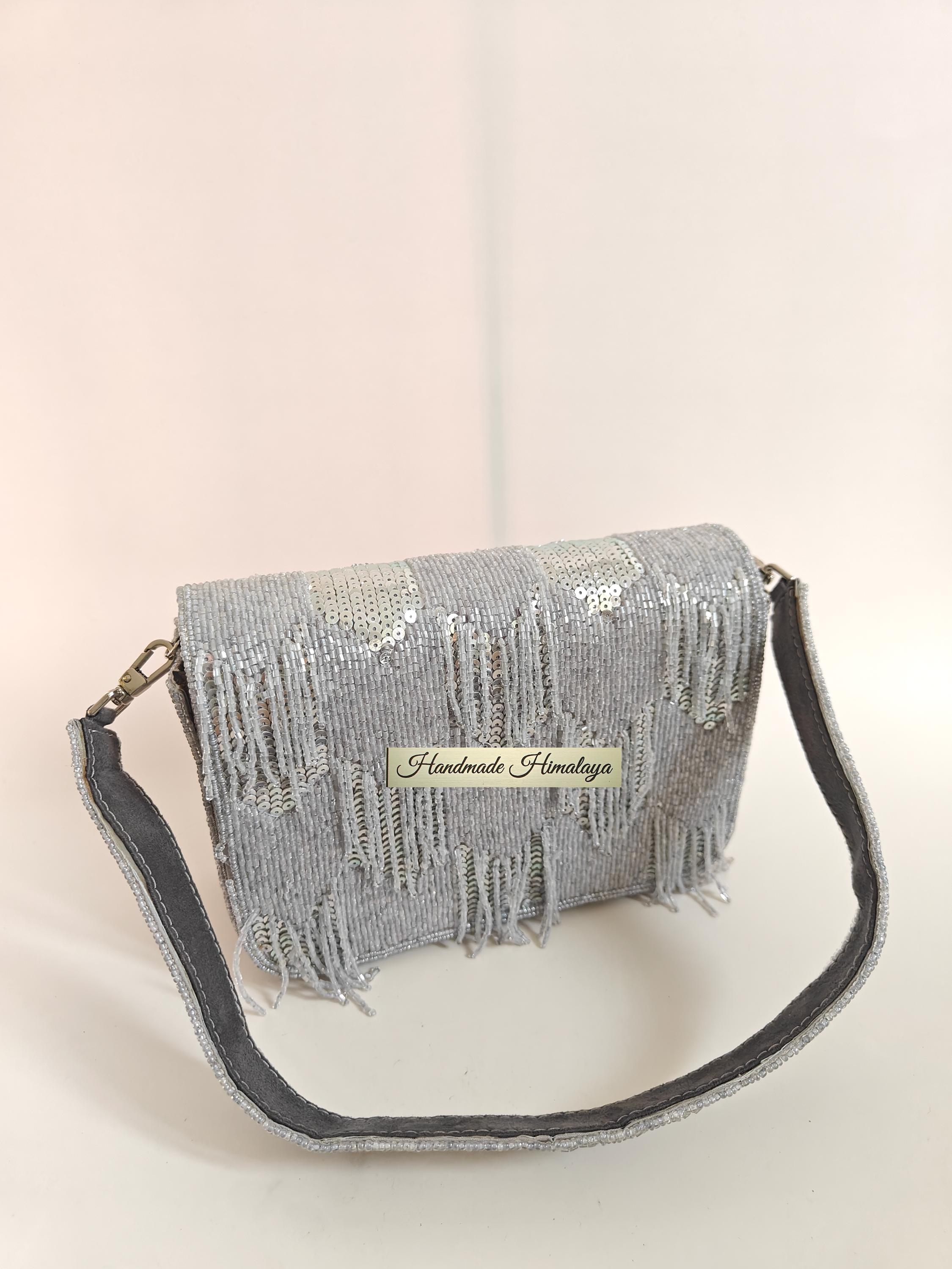 Silver Fringe Beaded Clutch, Gray Sequin Wedding Bridal Purse view 5
