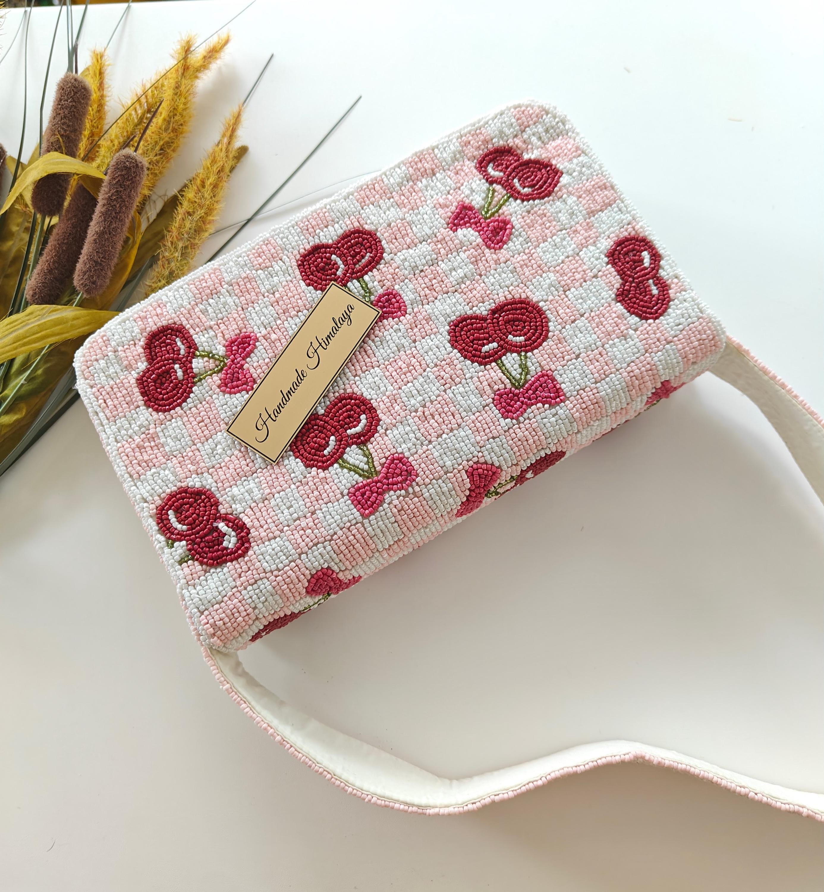 Red Cherry Beaded Bag | Blush Pink Gingham Checkered Purse | Summer Wedding Vacation Fruit Clutch view 4