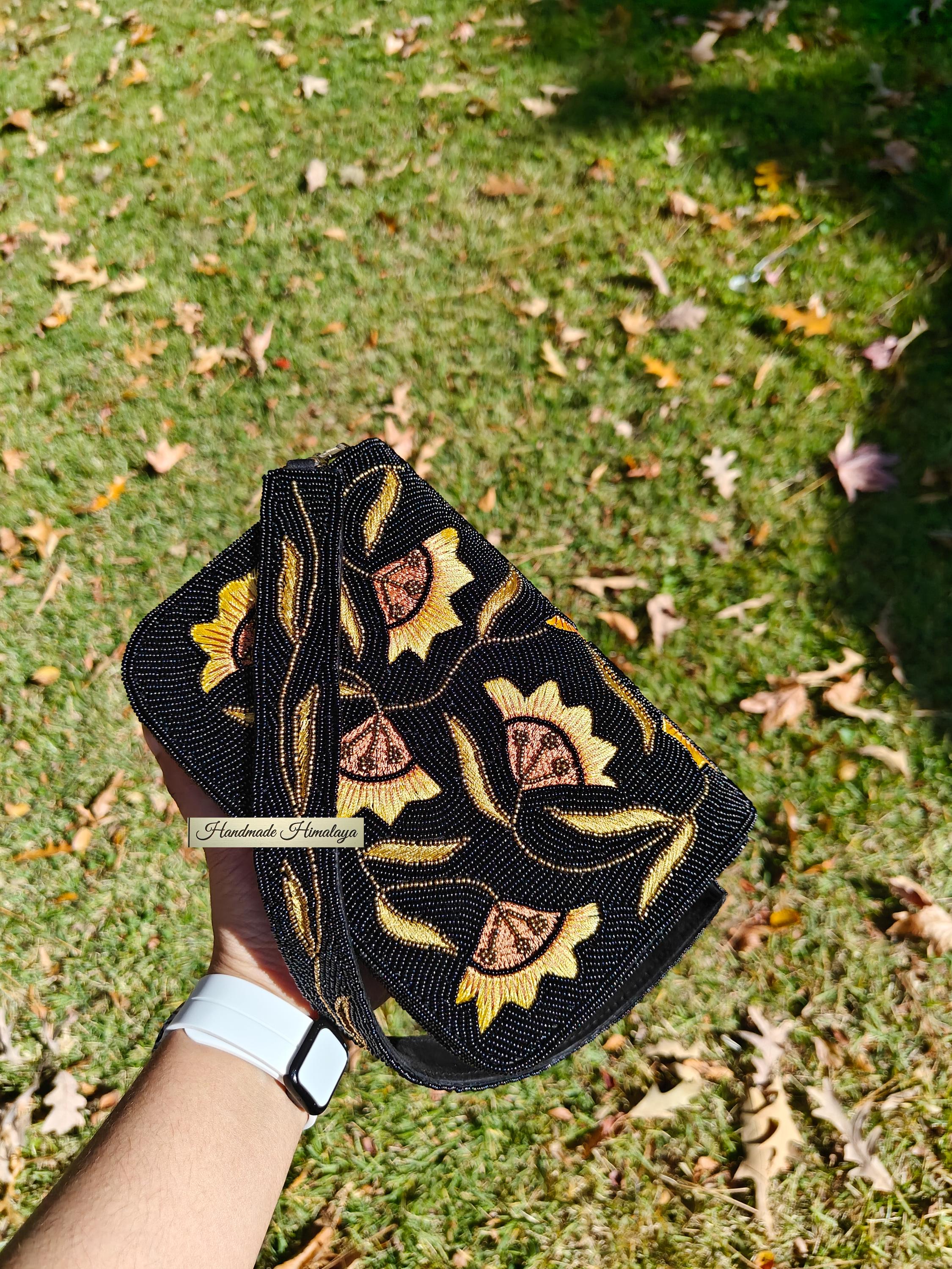 Black Gold Beaded Clutch Bag | Floral Embroidered Evening Purse | Boho Bridal Wedding Party Handbag view 6