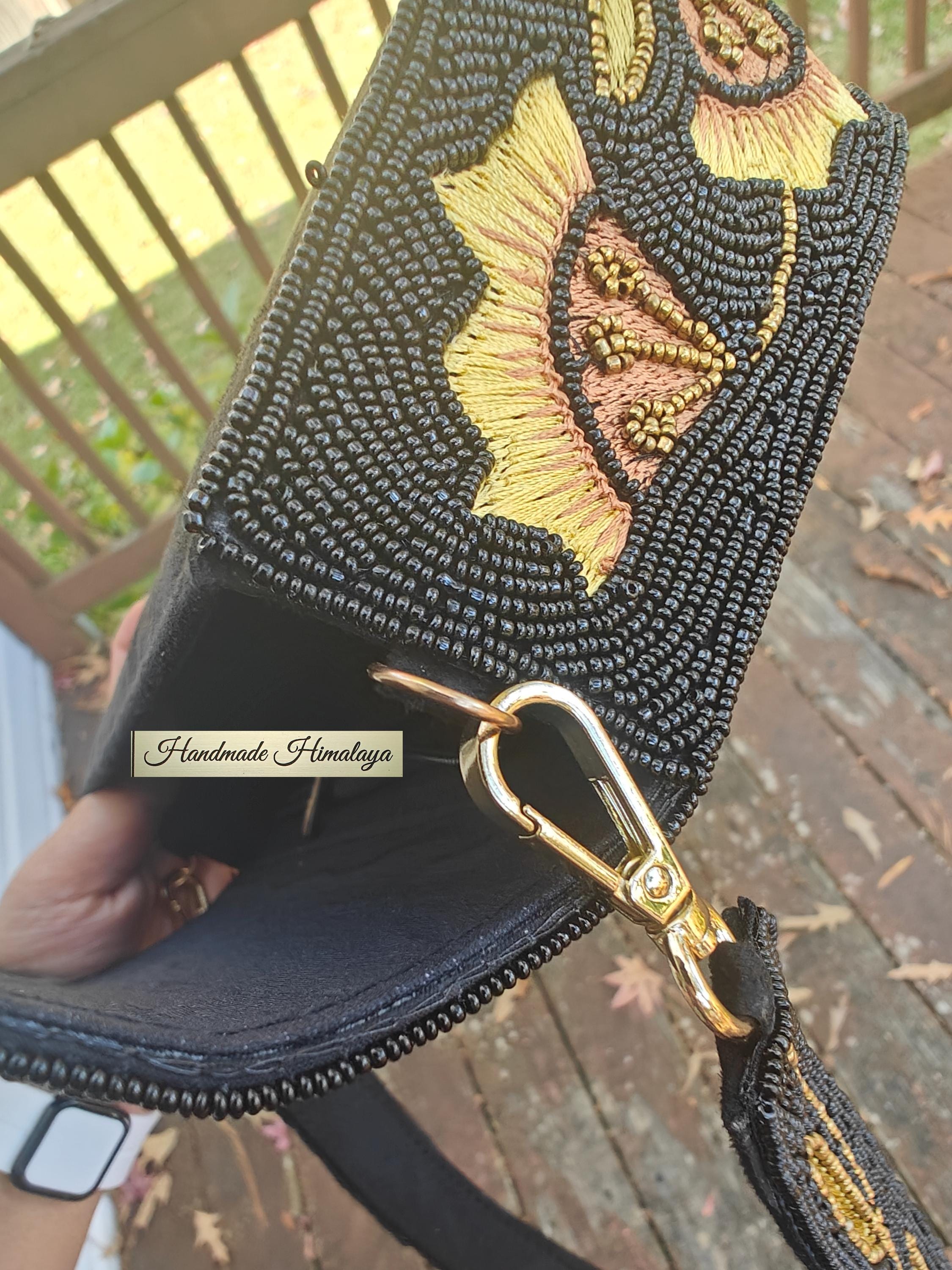 Black Gold Beaded Clutch Bag | Floral Embroidered Evening Purse | Boho Bridal Wedding Party Handbag view 4