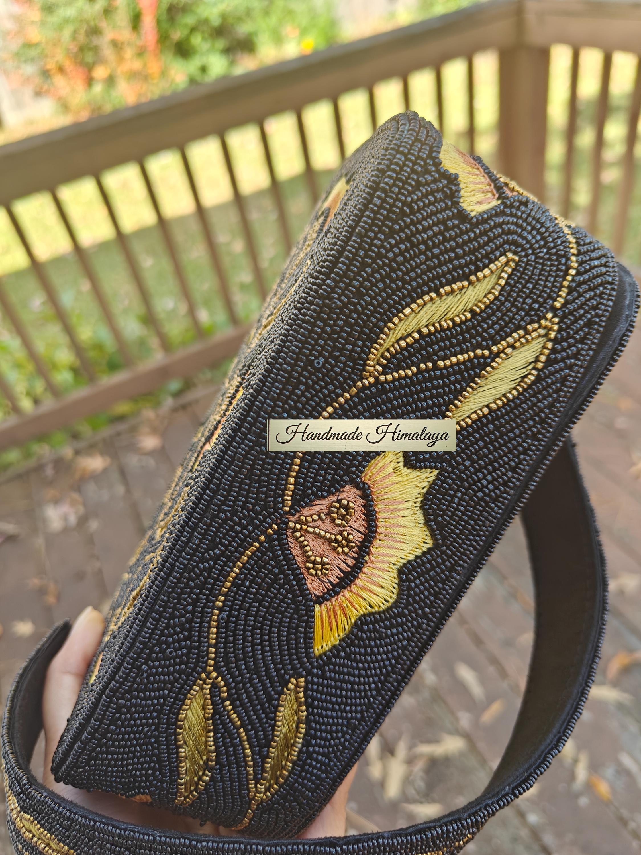 Black Gold Beaded Clutch Bag | Floral Embroidered Evening Purse | Boho Bridal Wedding Party Handbag view 5