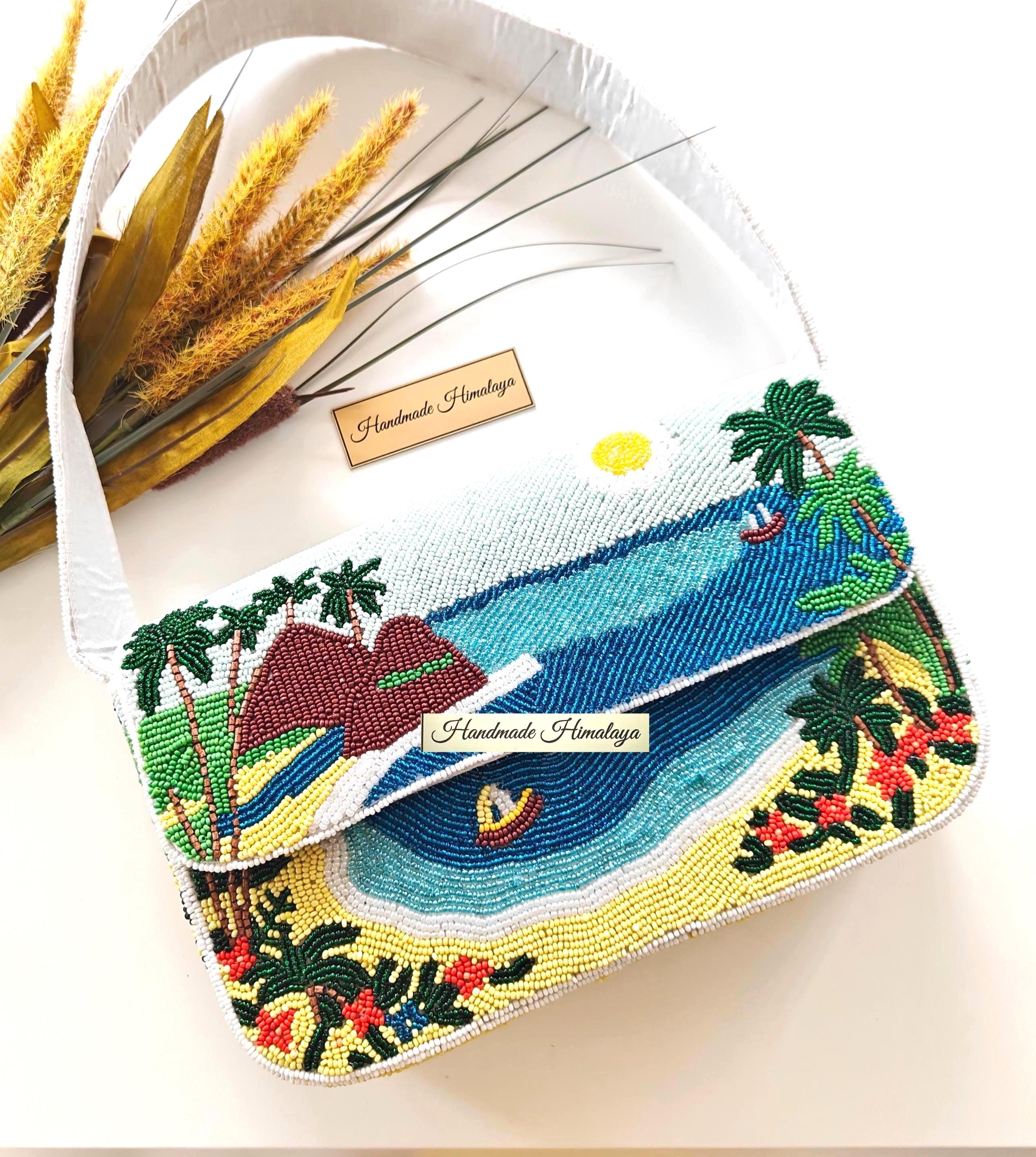 Hawaii Beaded Bag | Sunset Tropical Beach Purse | Blue Ocean Island Vacation Palm Trees Handbag view 4