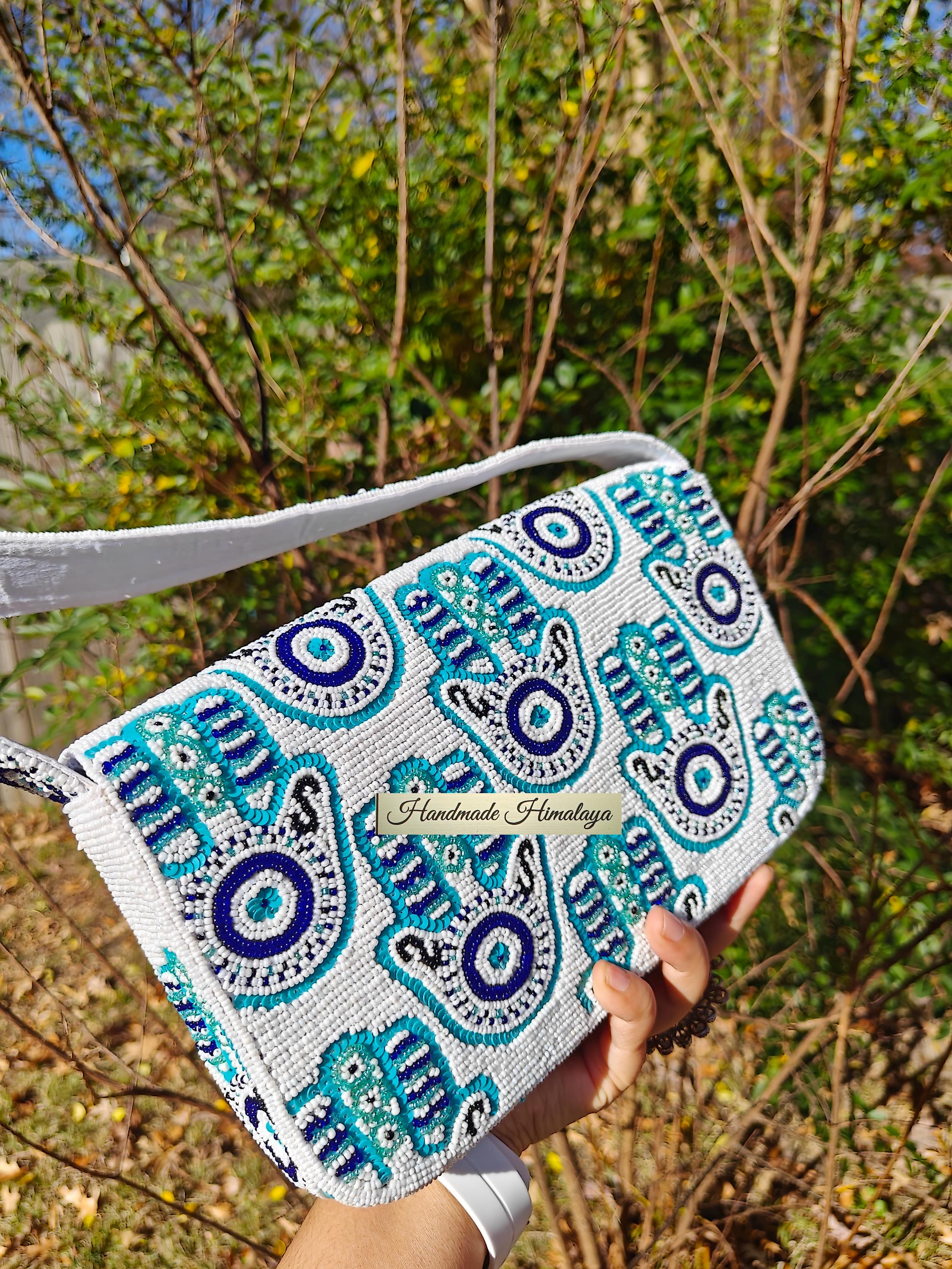 Beaded Hamsa Hand Evil Eye Protection Shoulder Bag: White-blue Turquoise Purse for Women view 3