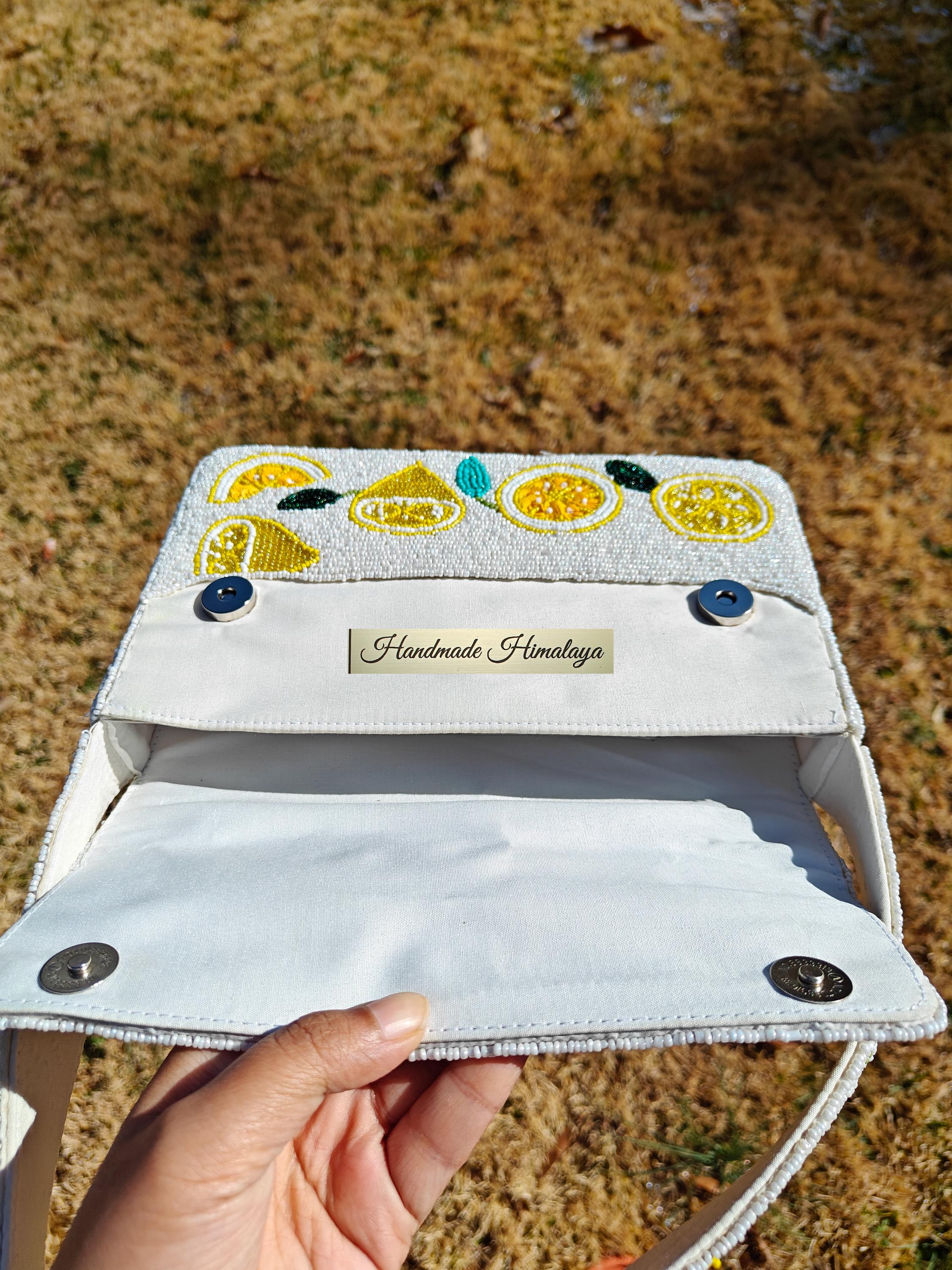 Beaded Lemon Shoulder Bag | White Citrus Fruit Purse | Tropical Resort Wedding Clutch view 3