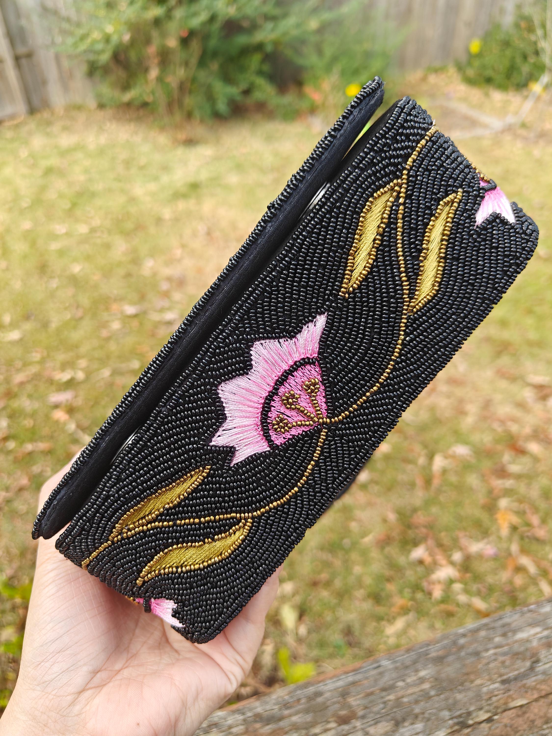 Black Floral Beaded Clutch | Pastel Pink Evening Bag | Bridal Cherry Blossom Purse view 4