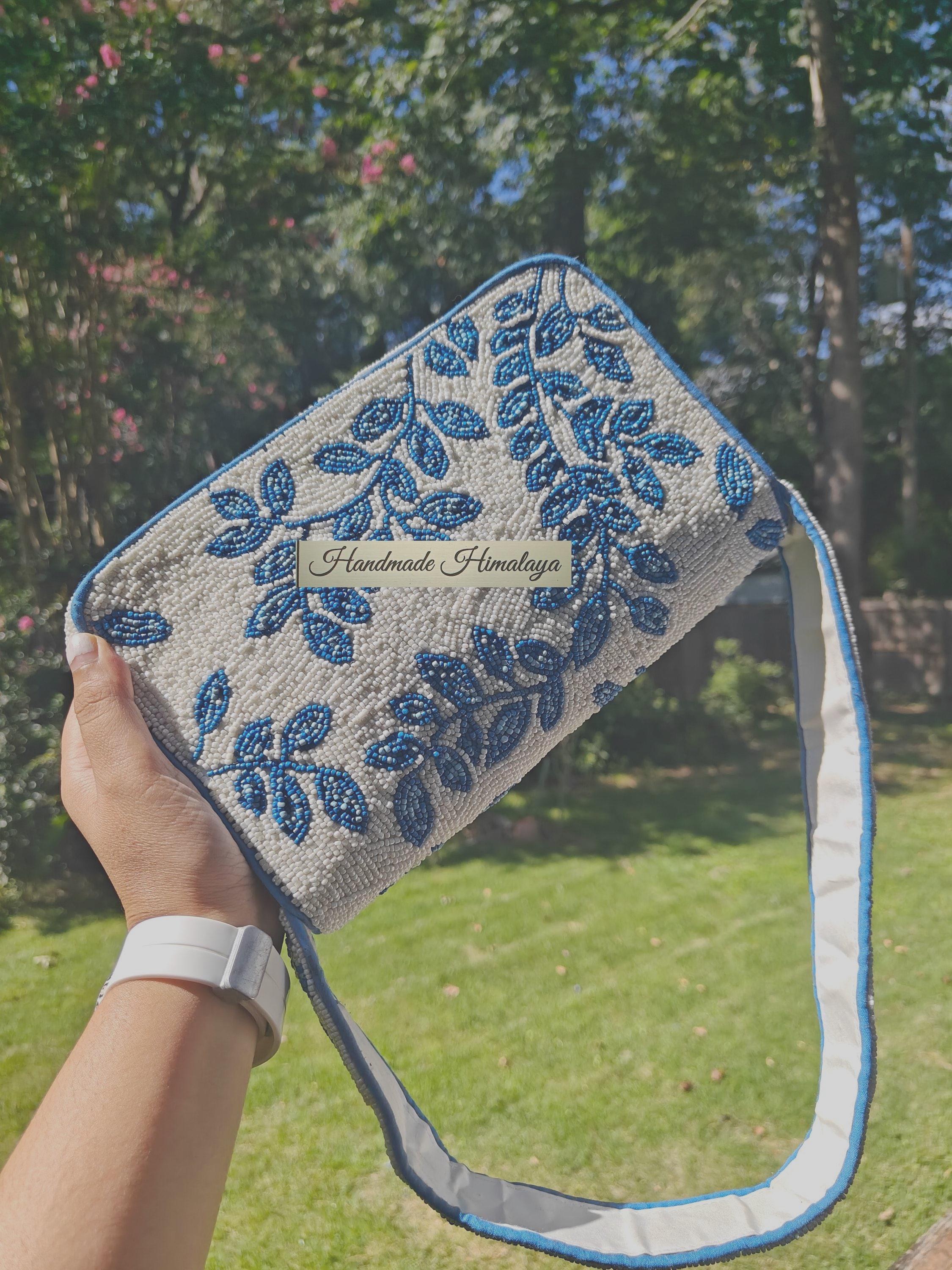 Floral Beaded Bag: Blue White Leaves Vines Wedding Handbag view 6