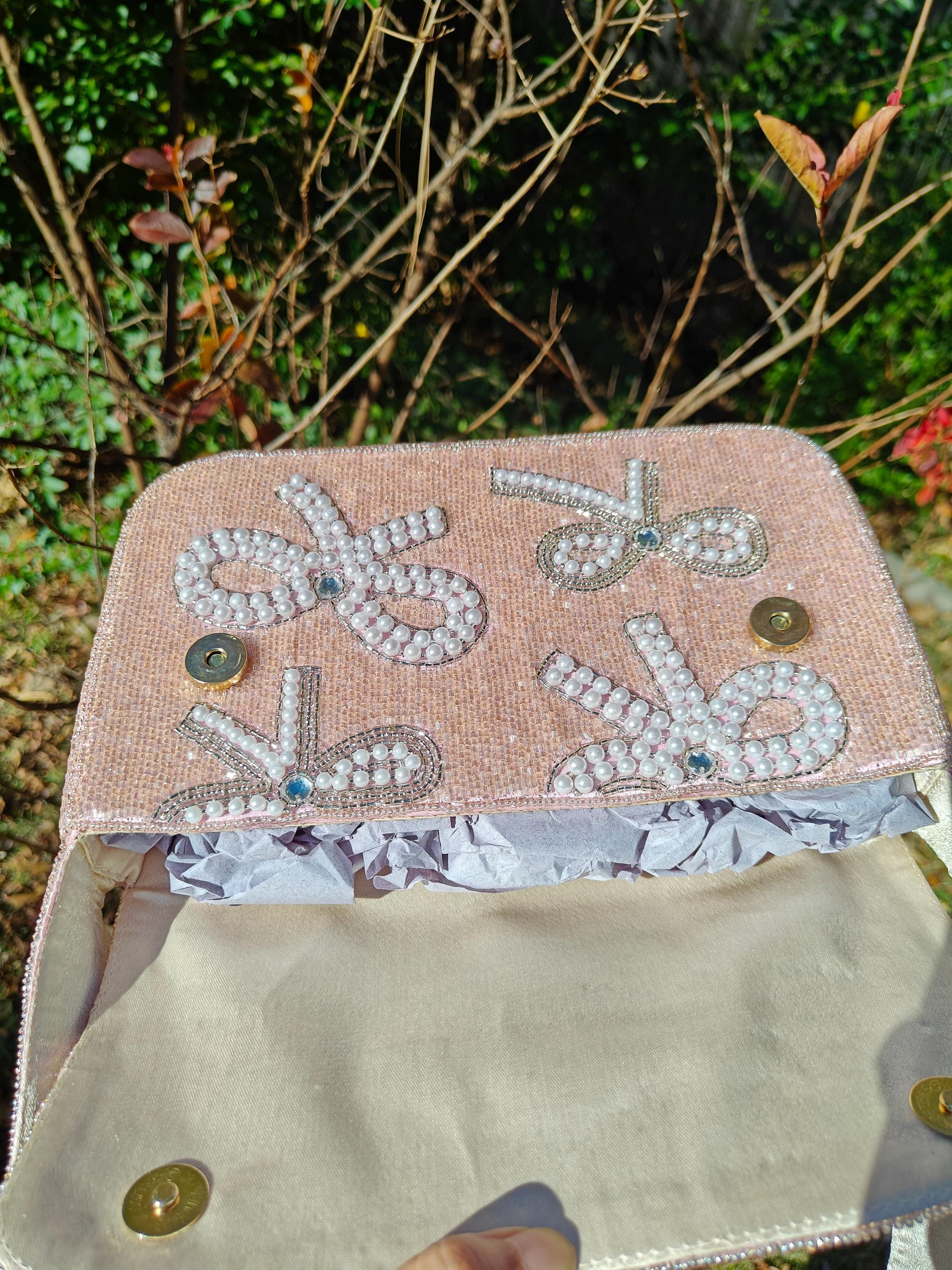 Pink Pearl Bow Bag | Bridal Party Evening Purse view 6