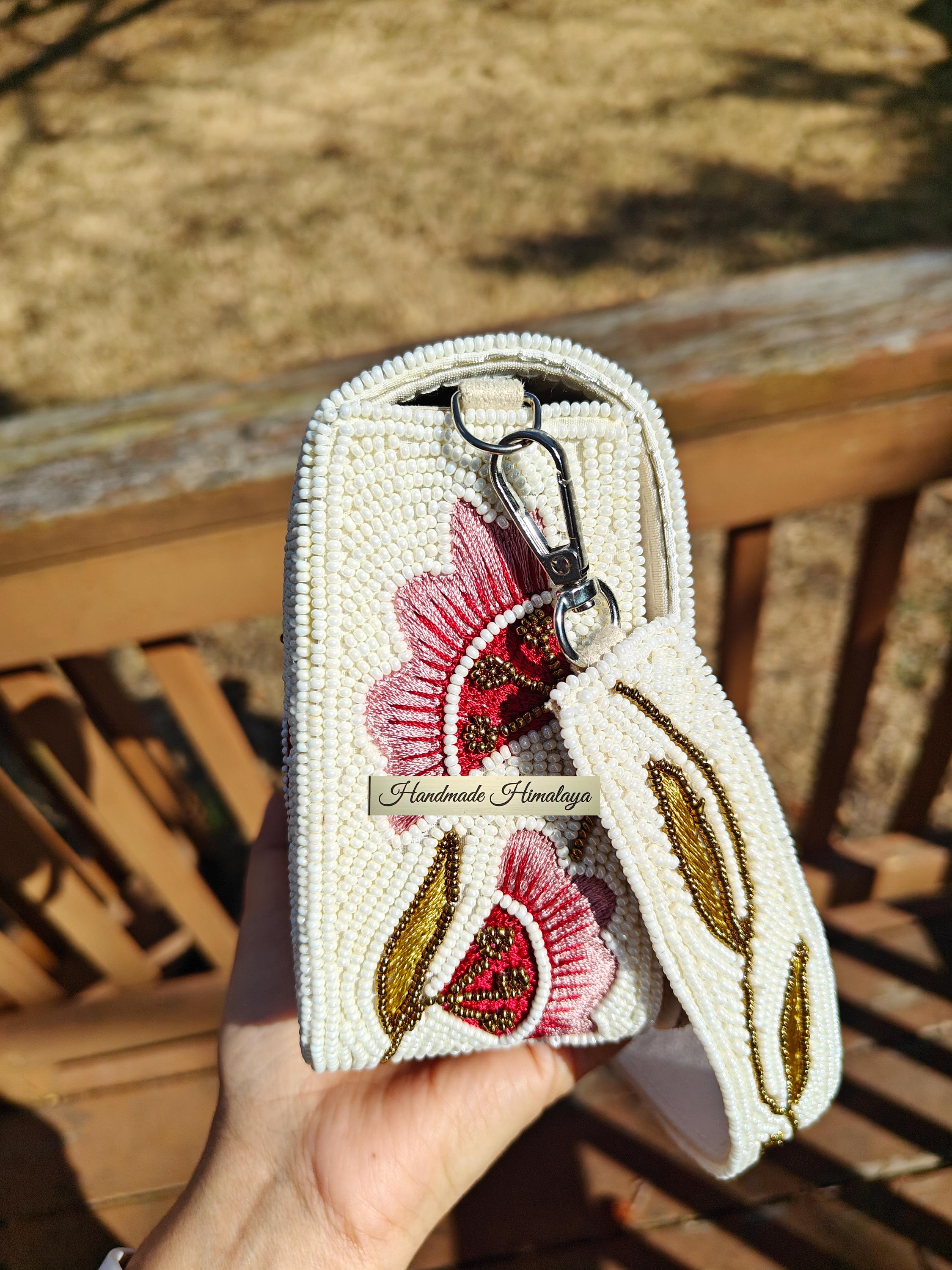Ivory Bridal Purse | Pink Floral Beaded Wedding Clutch view 5
