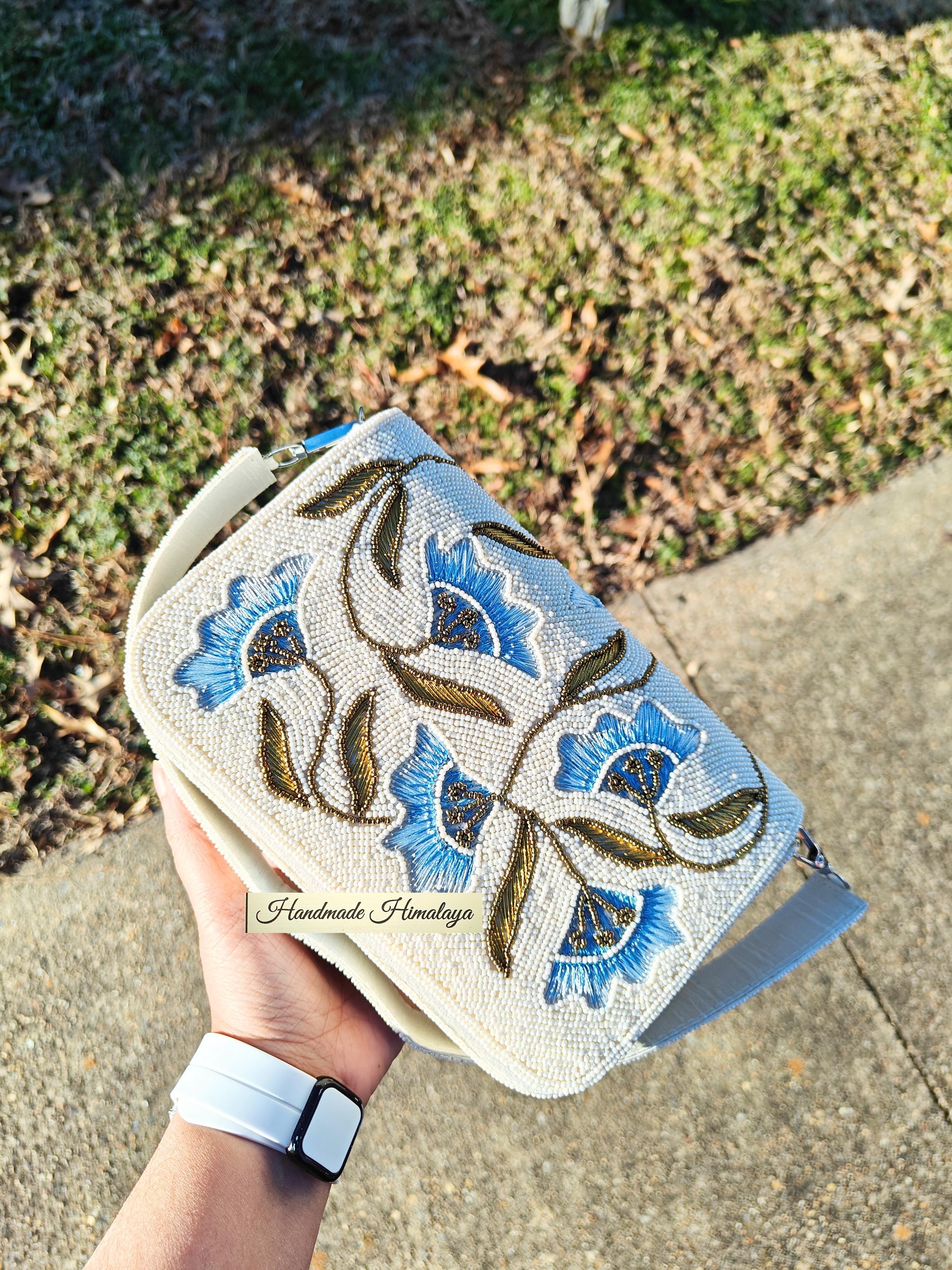 White Blue Floral Beaded Bag | Something Blue Bridal Purse view 3