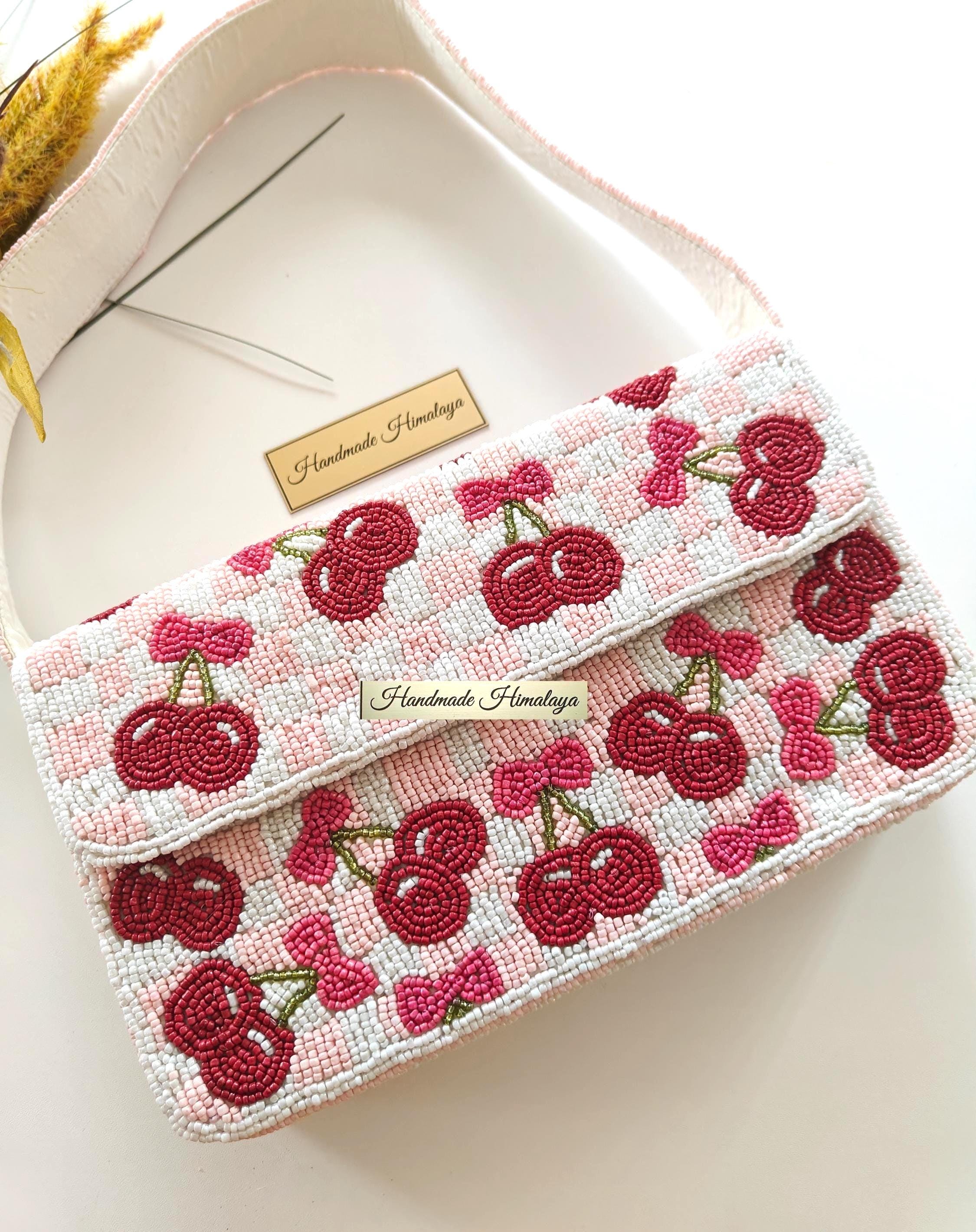 Red Cherry Beaded Bag | Blush Pink Gingham Checkered Purse | Summer Wedding Vacation Fruit Clutch view 2