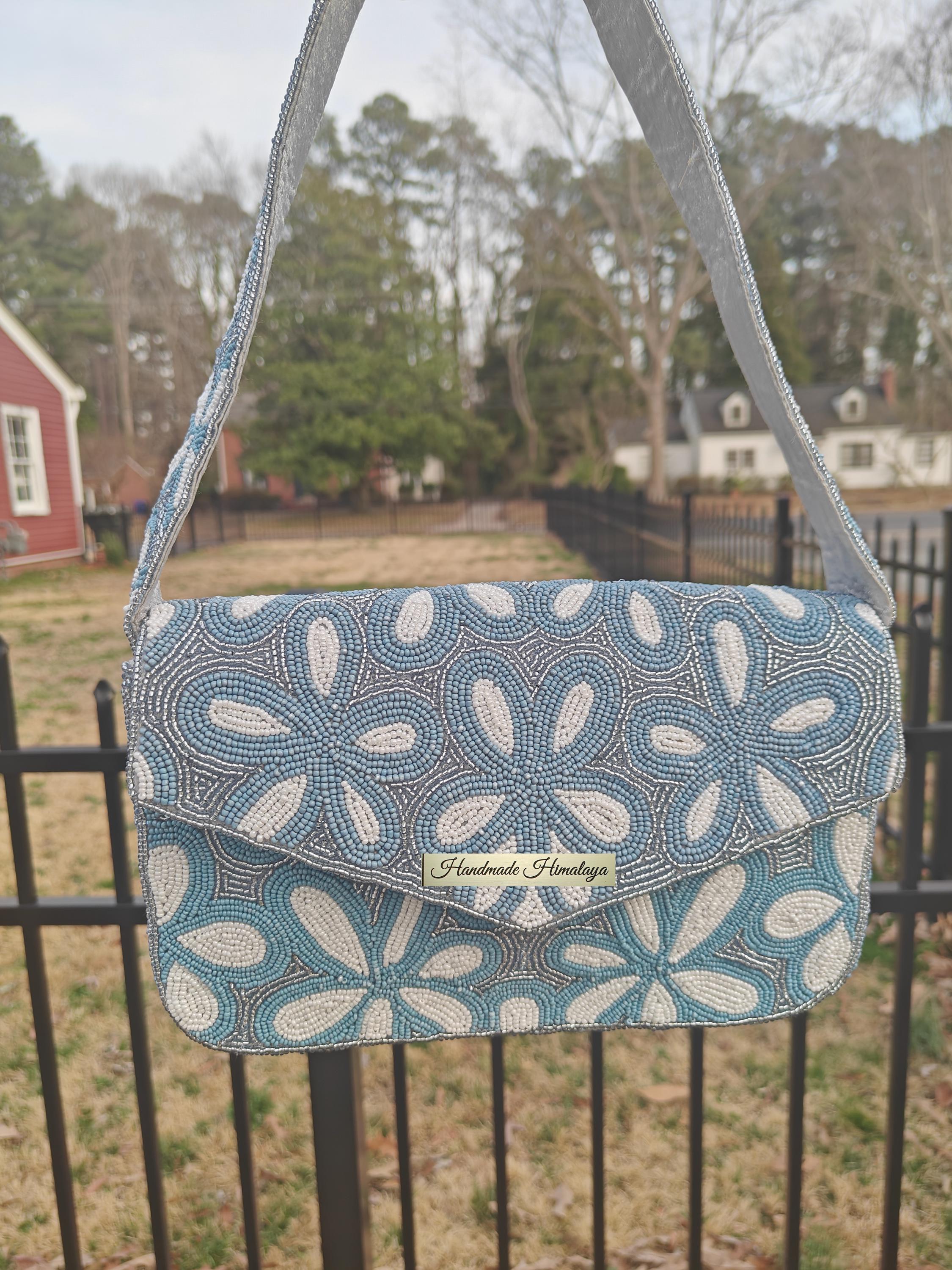 Dusty Blue Floral Beaded Shoulder Bag | Something Blue Bridal Clutch | Boho Garden Party Handbag view 3