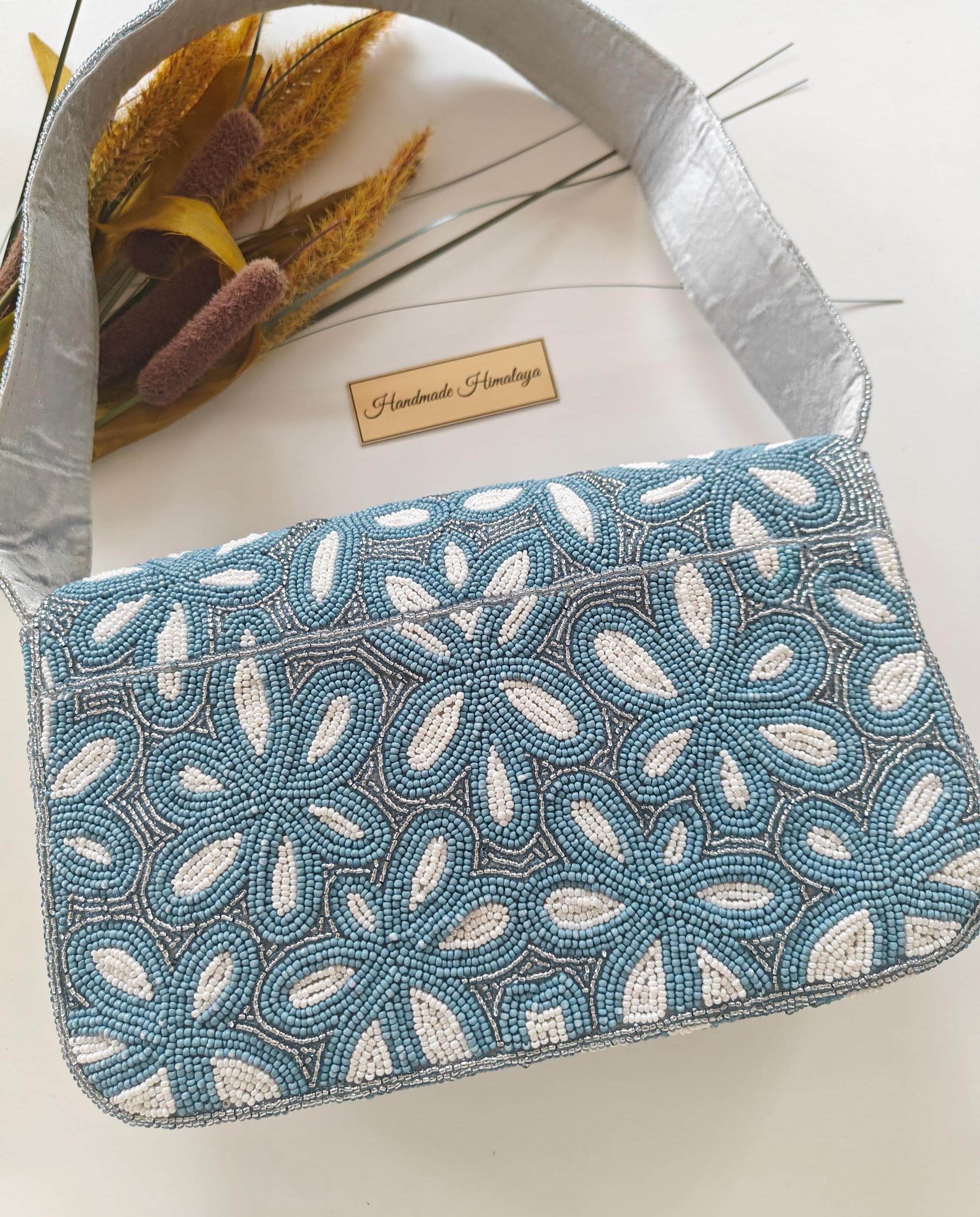 Dusty Blue Floral Beaded Shoulder Bag | Something Blue Bridal Clutch | Boho Garden Party Handbag view 4
