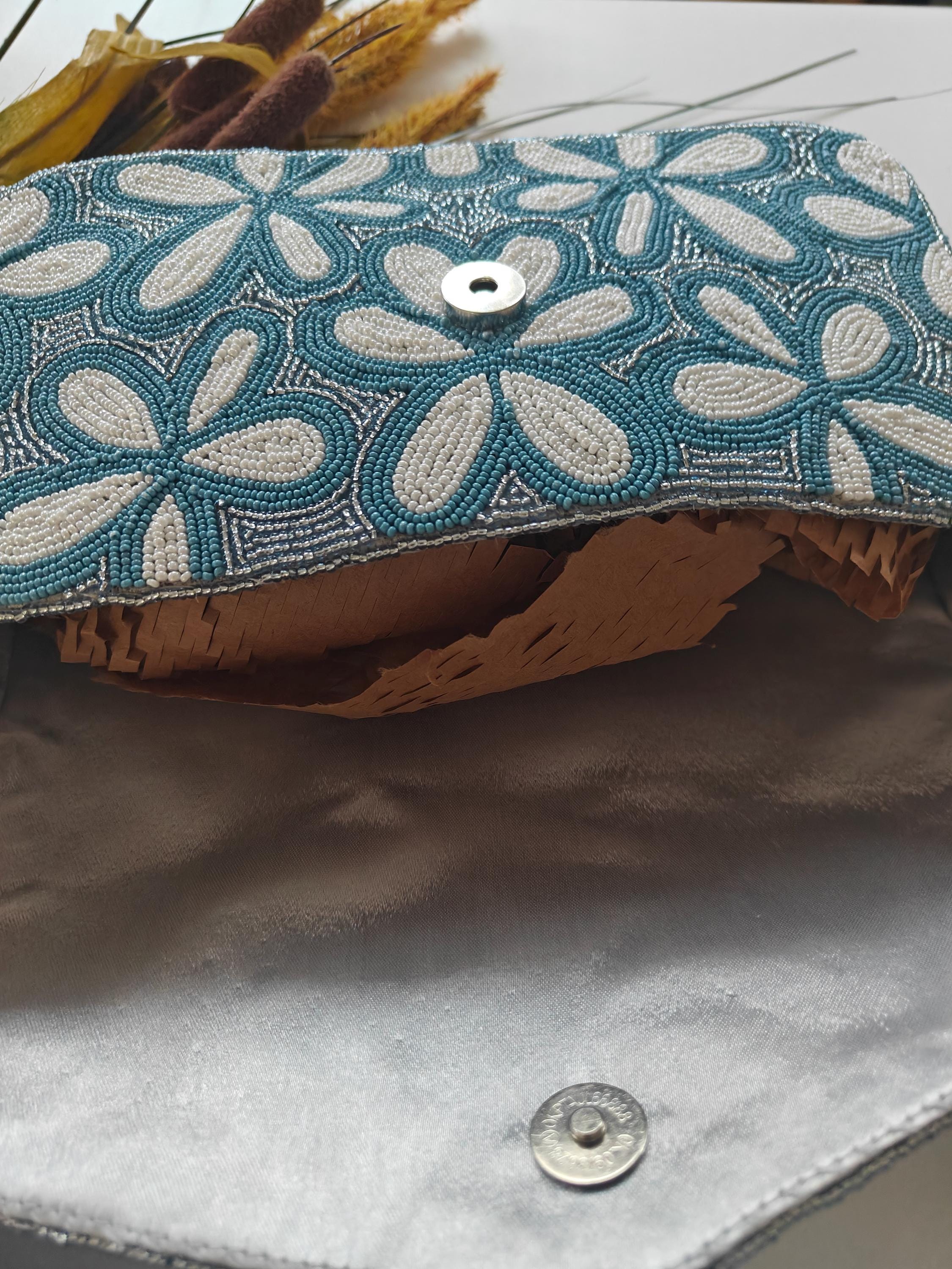 Dusty Blue Floral Beaded Shoulder Bag | Something Blue Bridal Clutch | Boho Garden Party Handbag view 5