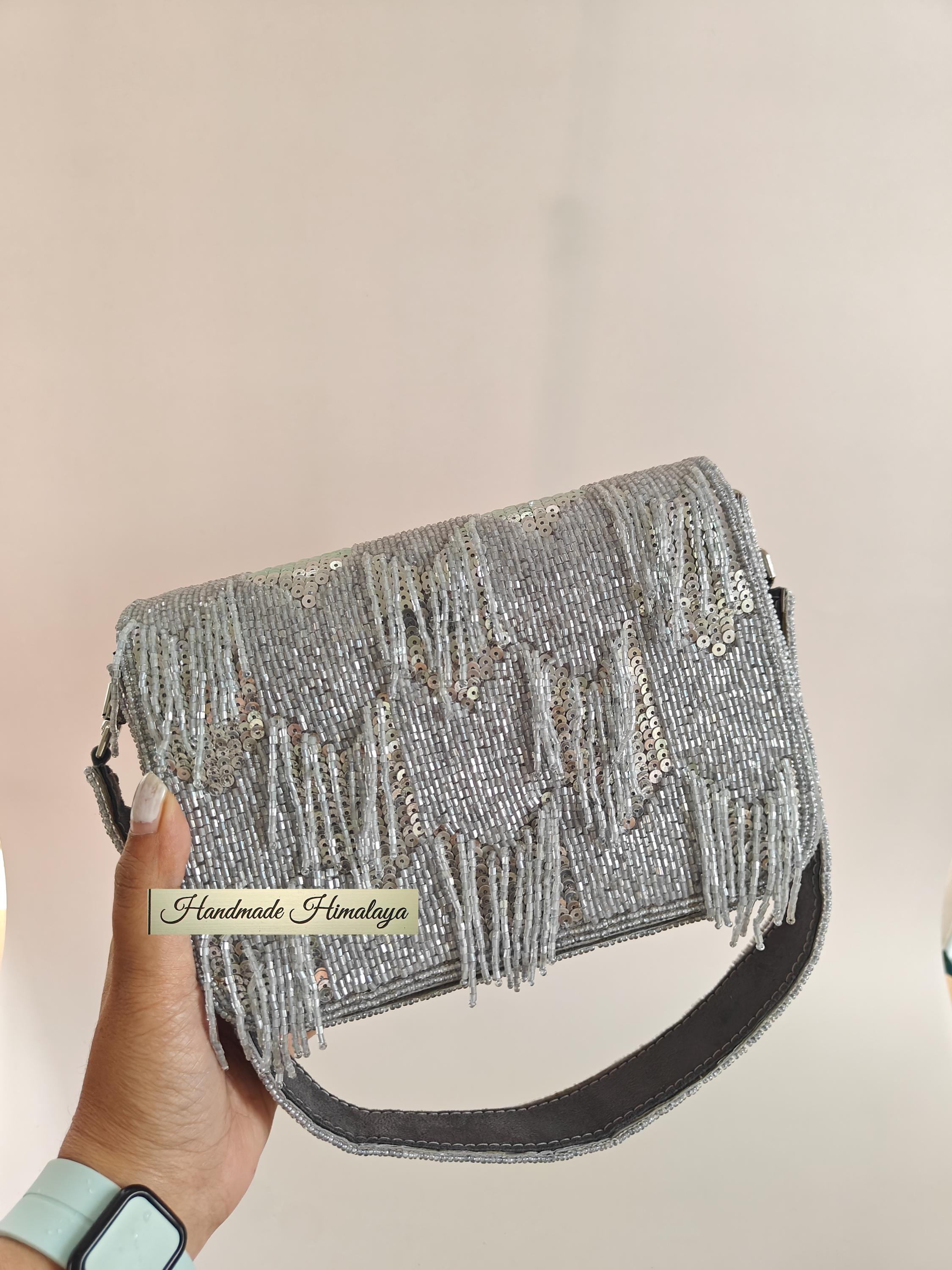 Silver Fringe Beaded Clutch, Gray Sequin Wedding Bridal Purse view 4