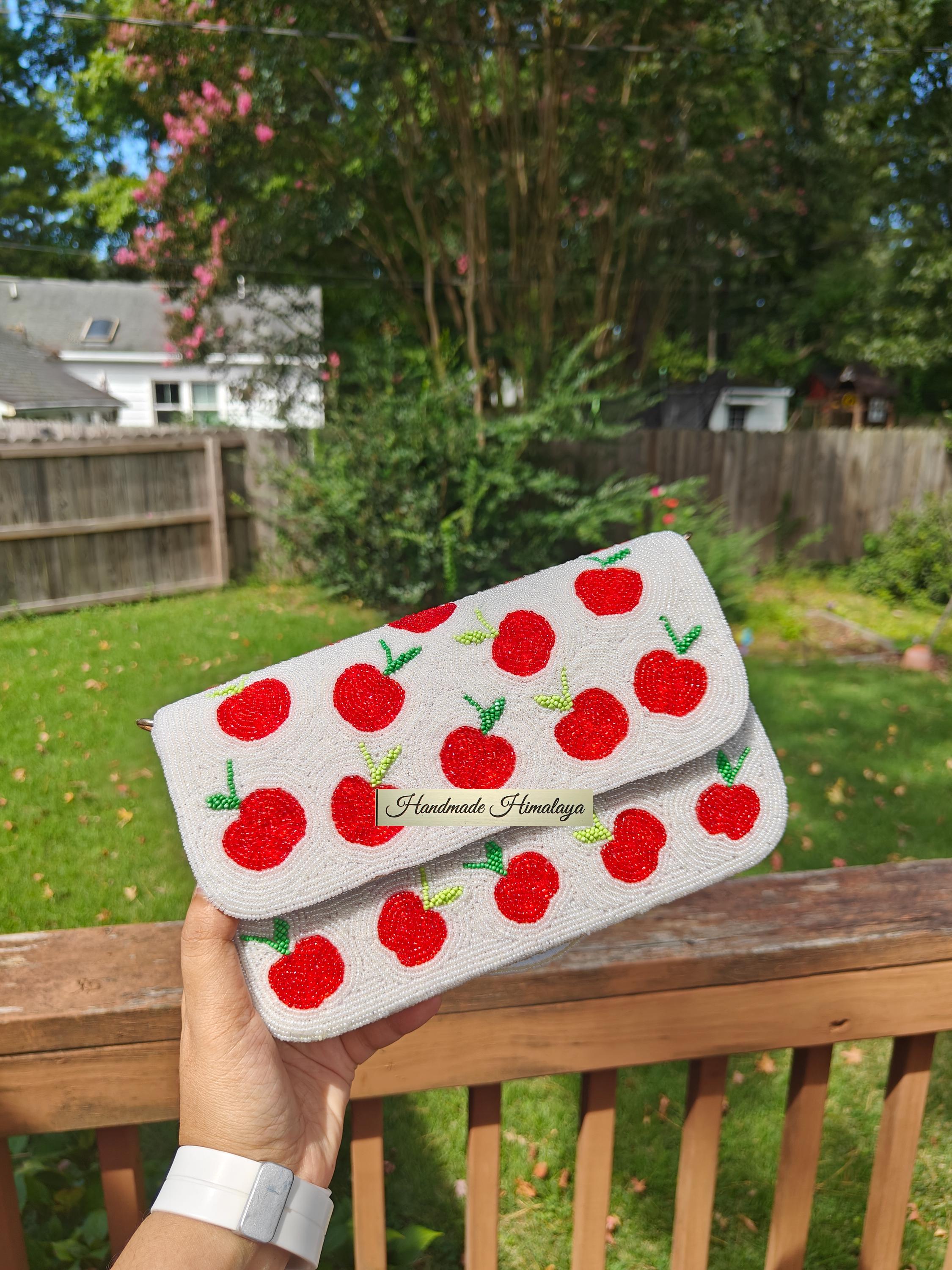 Red Apples Beaded Bag | Fruit Embroidery Shoulder Bag | Tropical Vacation Wedding Party Baguette Handbag view 2