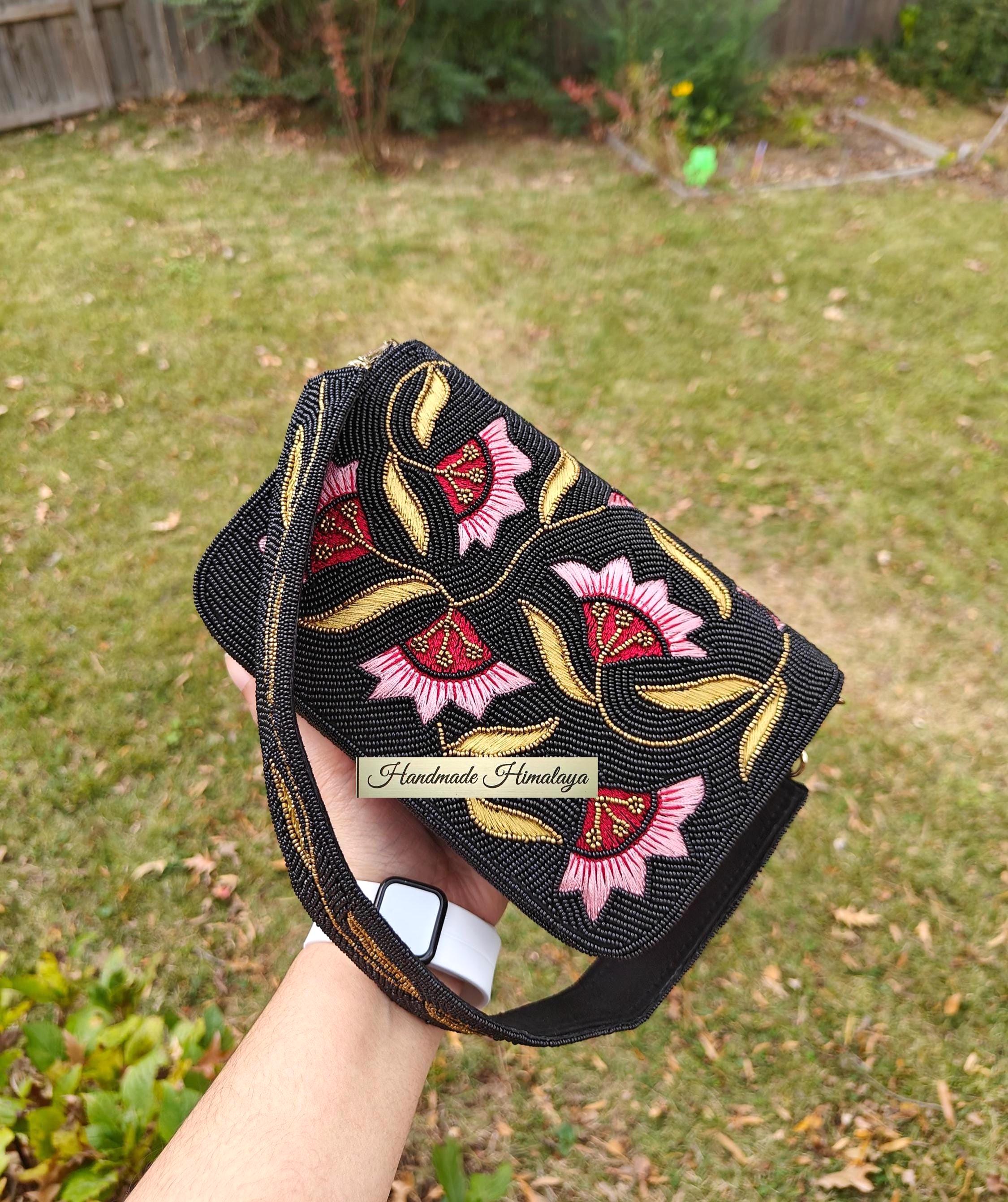 Black Floral Beaded Clutch | Pink Gold Embroidered Evening Bag | Cherry Blossom Wedding Bridal Handbag