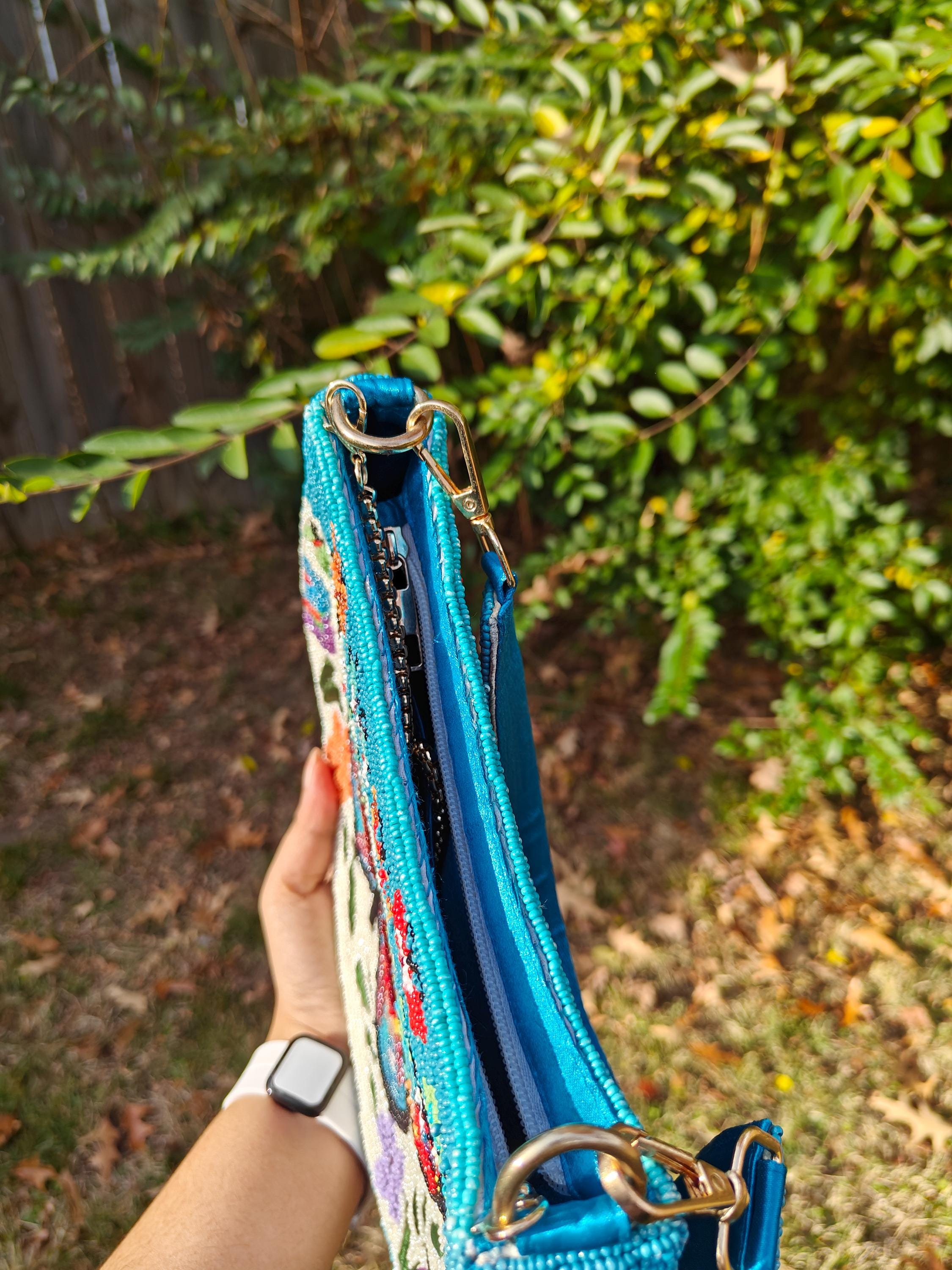 Butterfly Beaded Bag: Blue Turquoise Floral Summer Whimsical Shoulder Handbag view 3