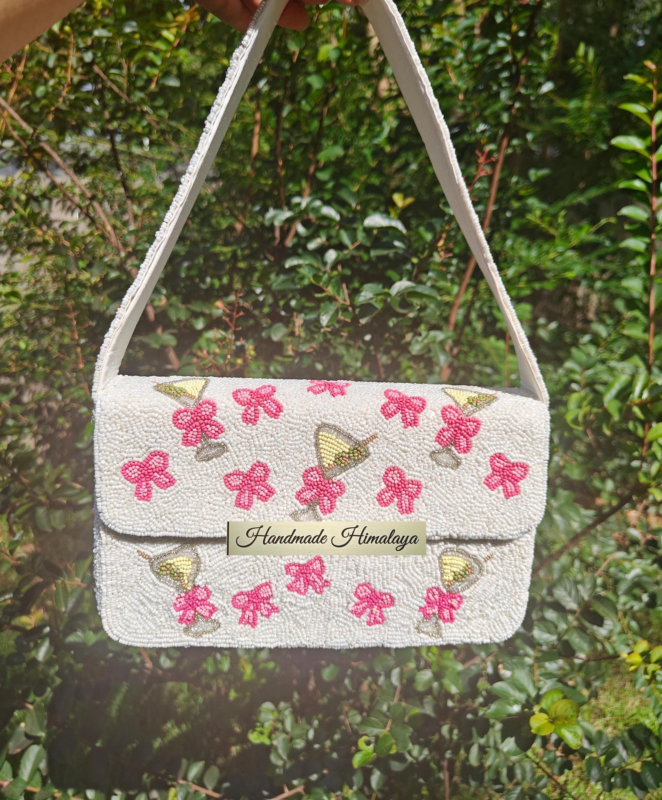 Martini and Pink Bow Beaded Bag, Bachelorette Party Handbag, White Cocktail Beaded Purse, Evening Shoulder Bag view 2