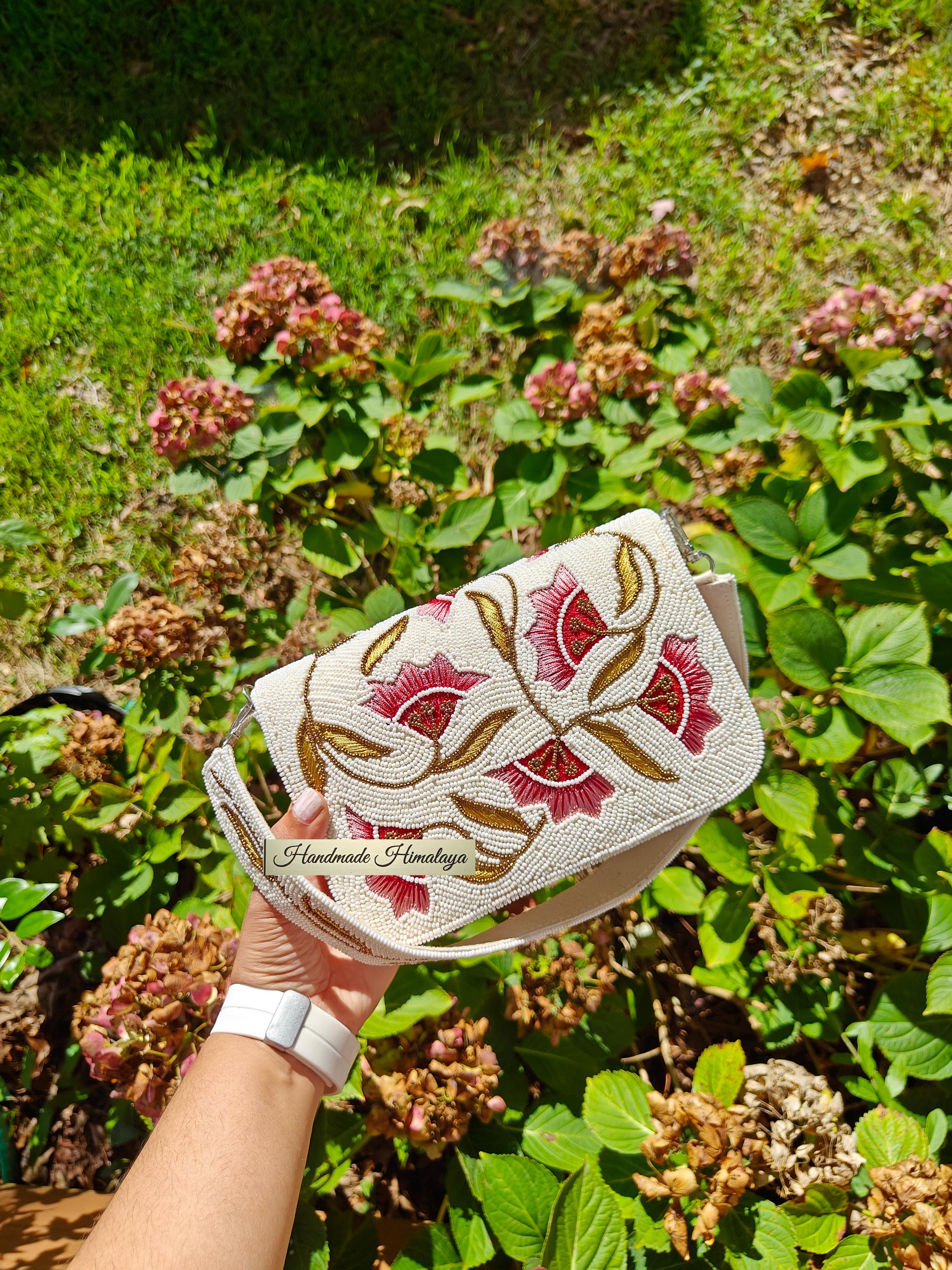 Ivory Bridal Purse | Pink Floral Beaded Wedding Clutch view 2