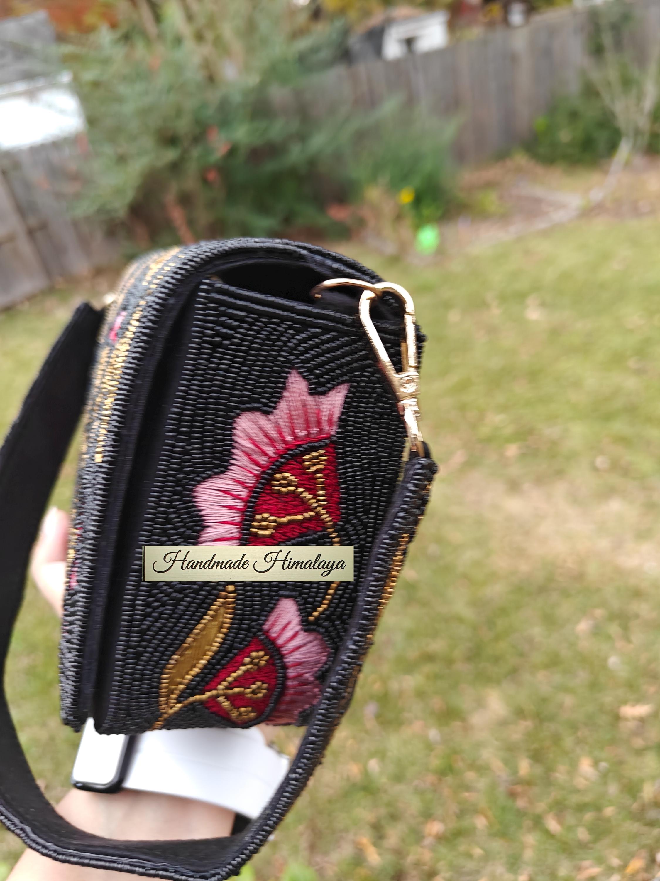 Black Floral Beaded Clutch | Pink Gold Embroidered Evening Bag | Cherry Blossom Wedding Bridal Handbag view 4