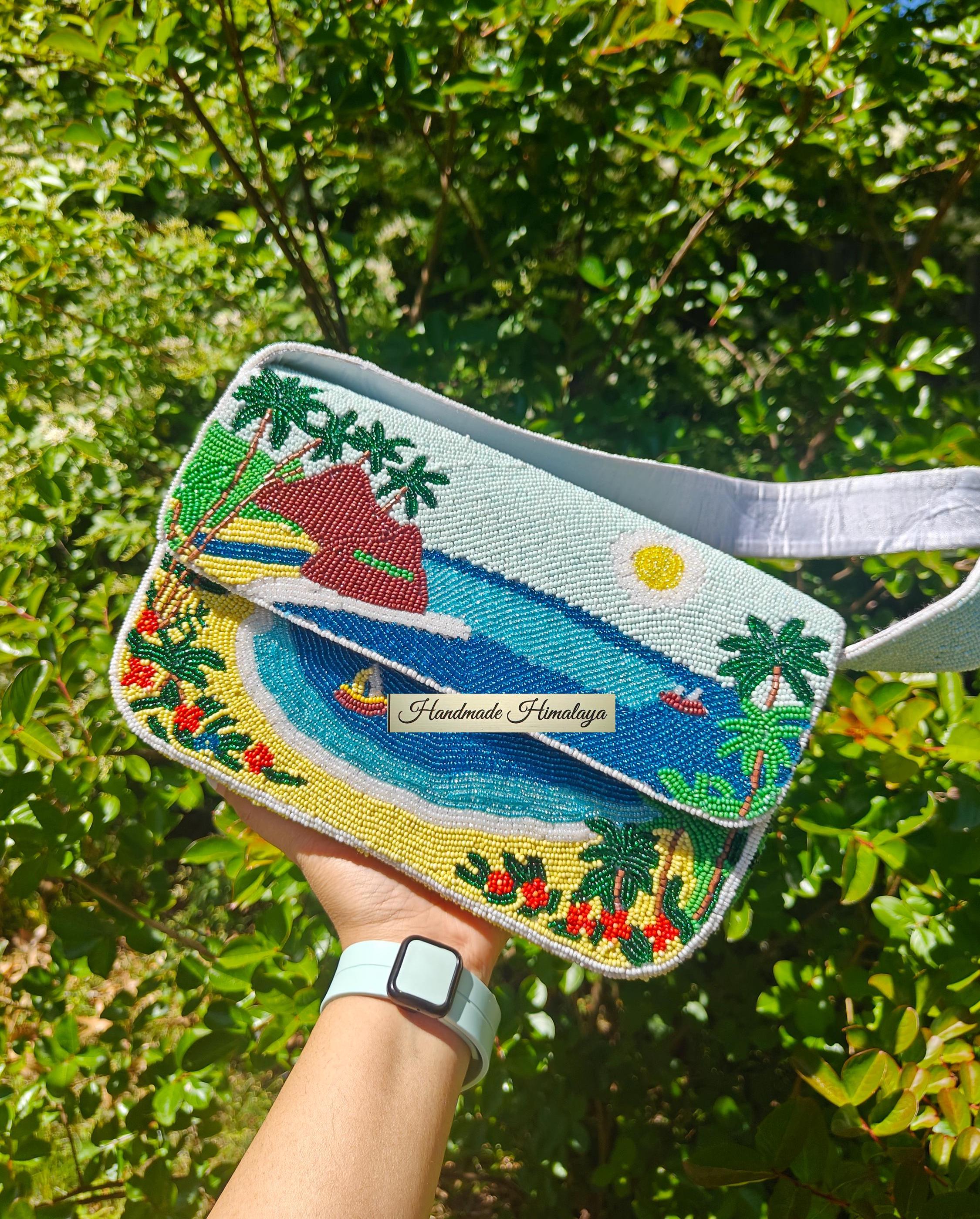 Hawaii Beaded Bag | Sunset Tropical Beach Purse | Blue Ocean Island Vacation Palm Trees Handbag