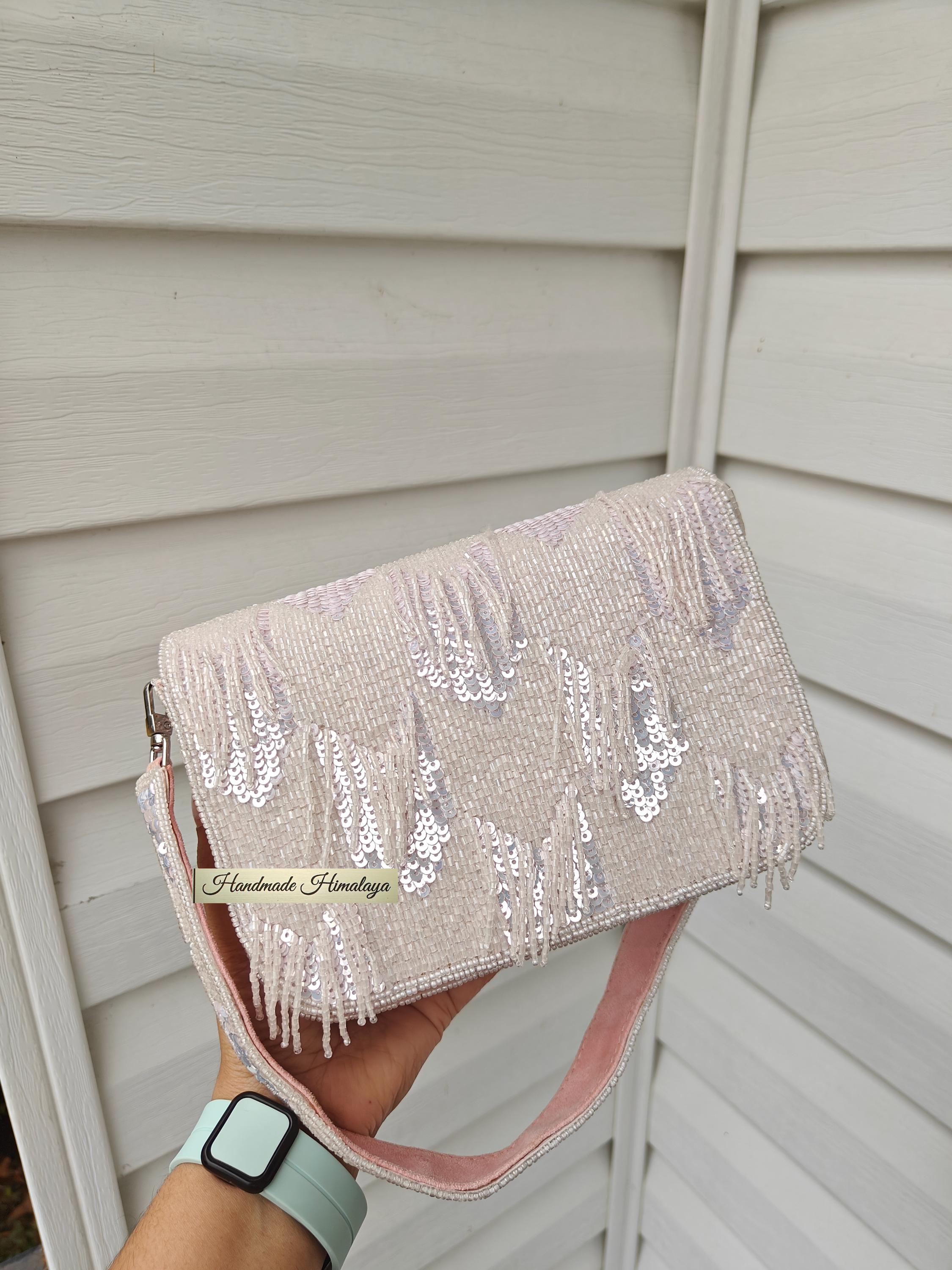 Blush Pink Beaded Clutch | Cream Iridescent Sequin Bridal Purse | Fringe Tassel Gala Evening Bag view 4