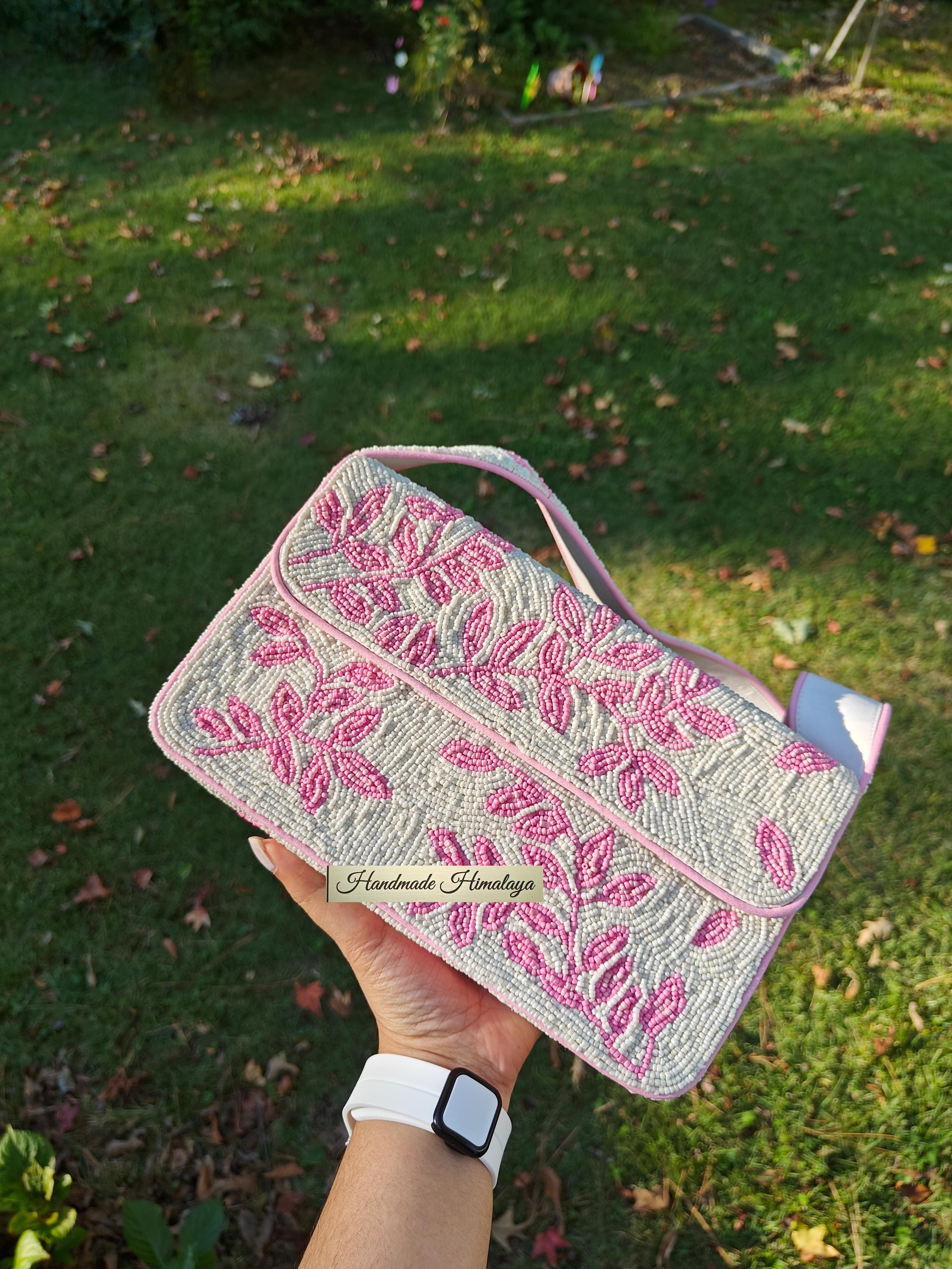 Blush Pink Floral Beaded Shoulder Bag Leaf Embroidery Bridal Party Evening Clutch Purse view 6